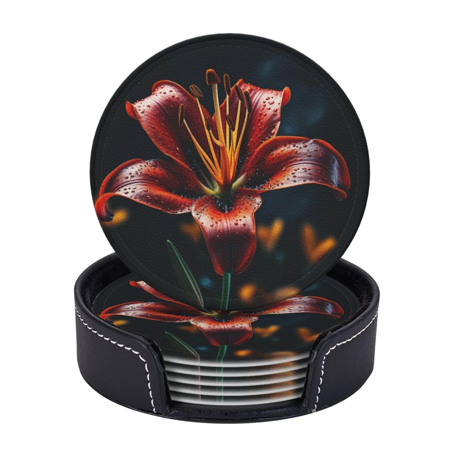 Coasters Set of 6 Leather Drink Coasters with Holder Dark Lily Coasters for Drinks Heat Resistant Coaster Round Coffee Cup Mat Pad for Kitchen Office Home Decor