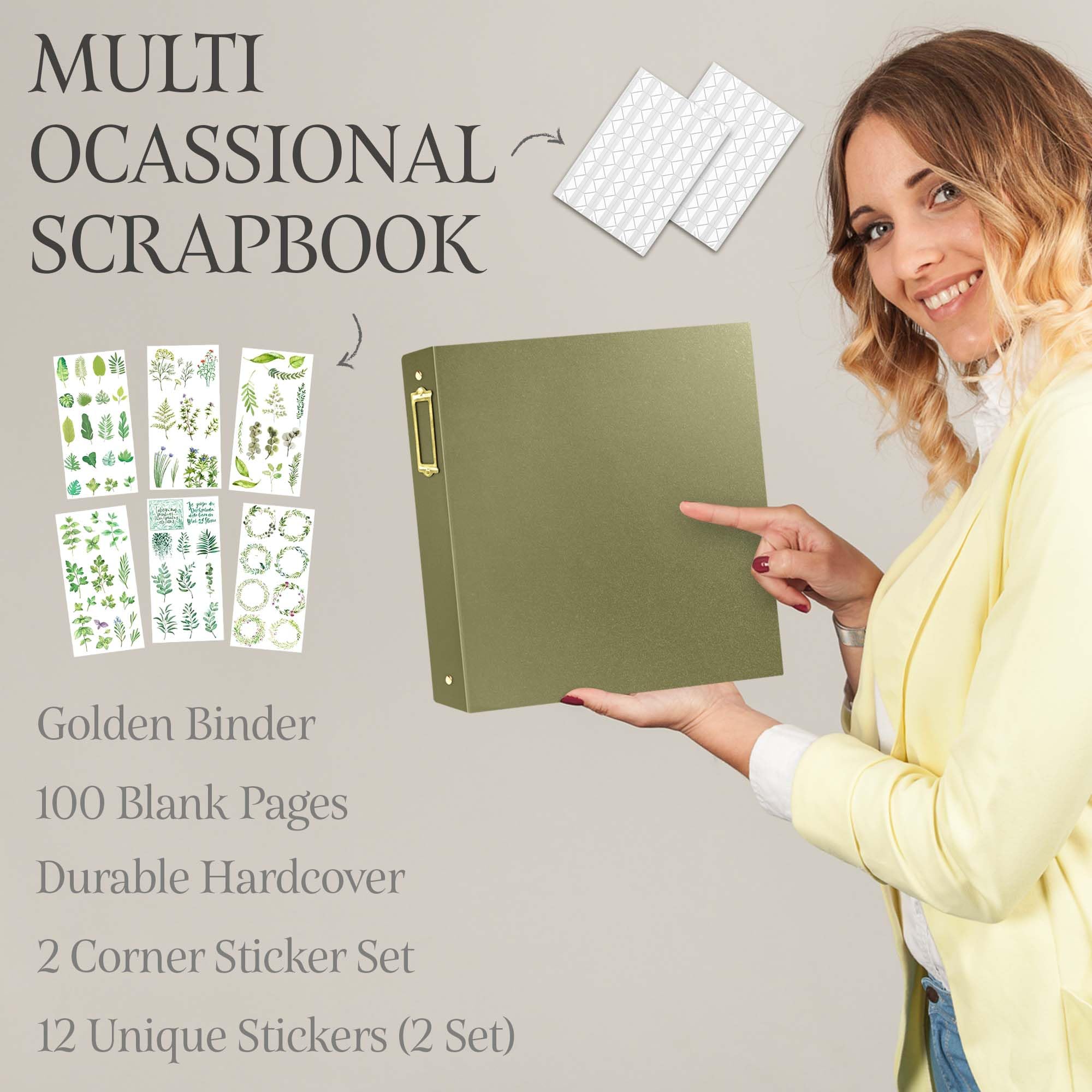 3-Ring Scrapbook, 100 pages scrap book, Linen Material scrapbook set, Photo Album With Spine Label Holder, Photo Corners and Leaf Stickers