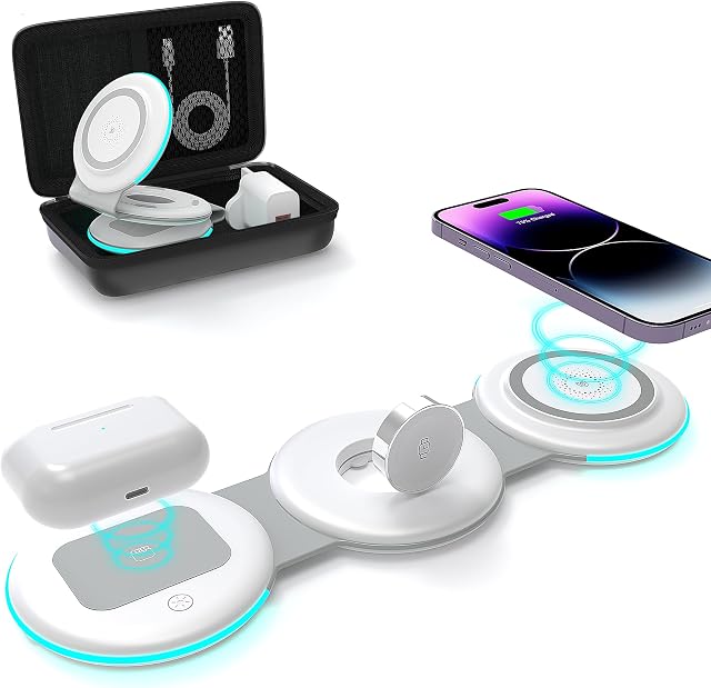 Wireless Charger 3 in 1 - ADADPU Magnetic Foldable Charger Stand Wireless Charging Pad Fast Charging Station for iPhone 14/13/12/Pro/Max, Charging Dock for Apple Watch Series, AirPods 3/2/Pro-White
