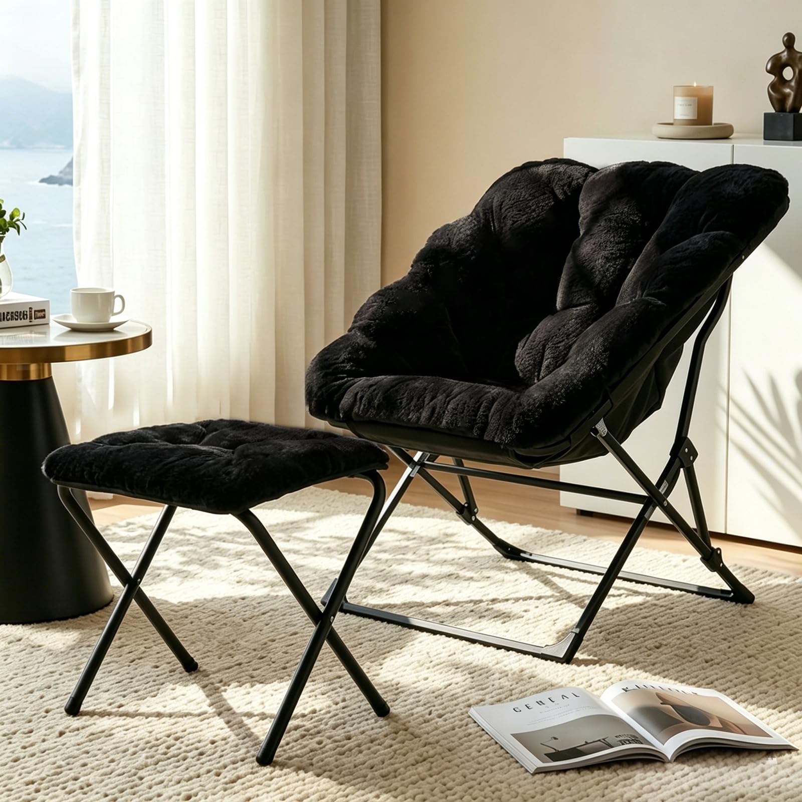 Sillón Plegable de Piel Sintética con Reposapiés, Bastidor Metálico Triangular Resistente hasta 150kg, Sillón Grande Relax Adultos Lectura Gaming (Negro)