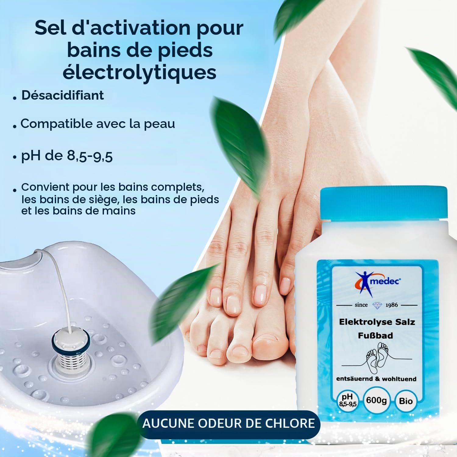 Sel d'électrolyse - Additif pour bain de pieds - 600 g - Qualité alimentaire - Sels de bain de base - Bain de pieds
