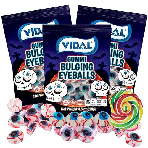 Globos oculares abultados de gomitas de Halloween, caramelos empaquetados individualmente, paquetes de dulces extraños, paquete de 3