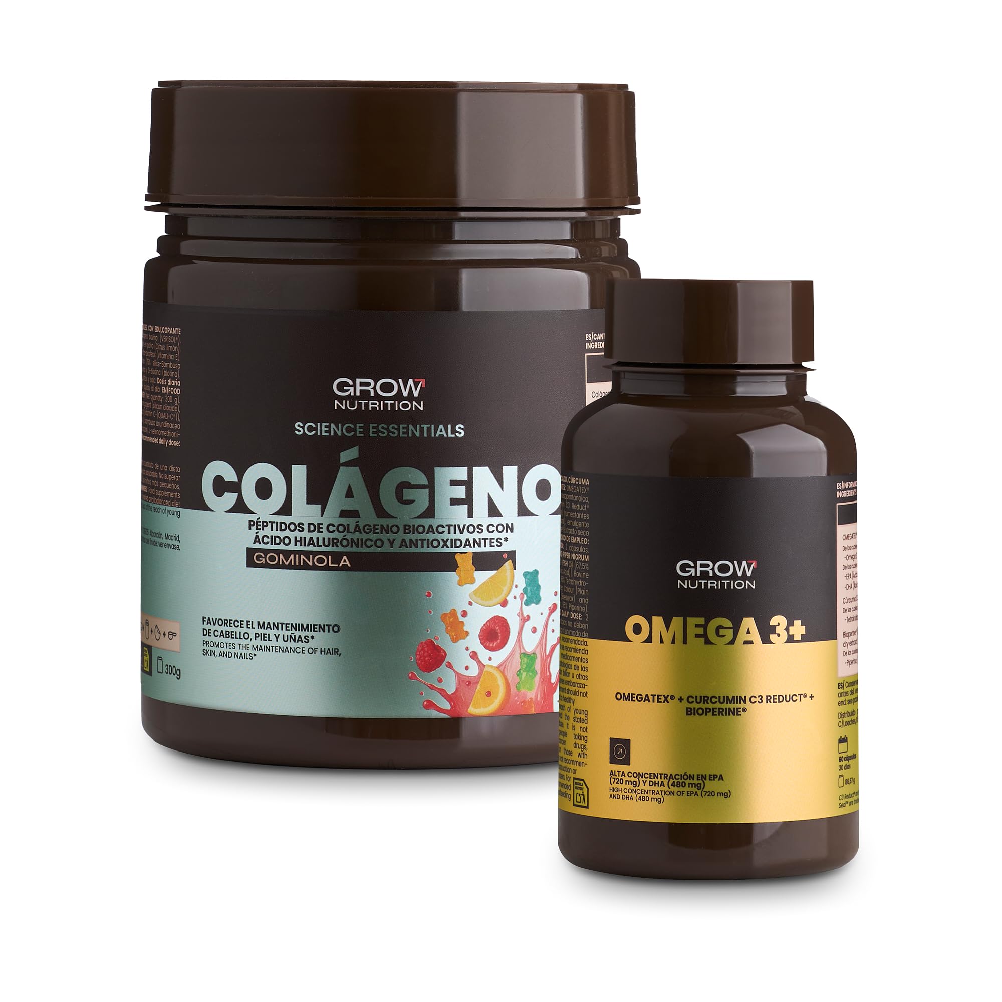 Grow Wellness Lote Omega 3+ OMEGATEX 60 Cápsulas + Colágeno Gominola 300 g | VERISOL, Ácido Hialurónico, Biotina y Vitaminas