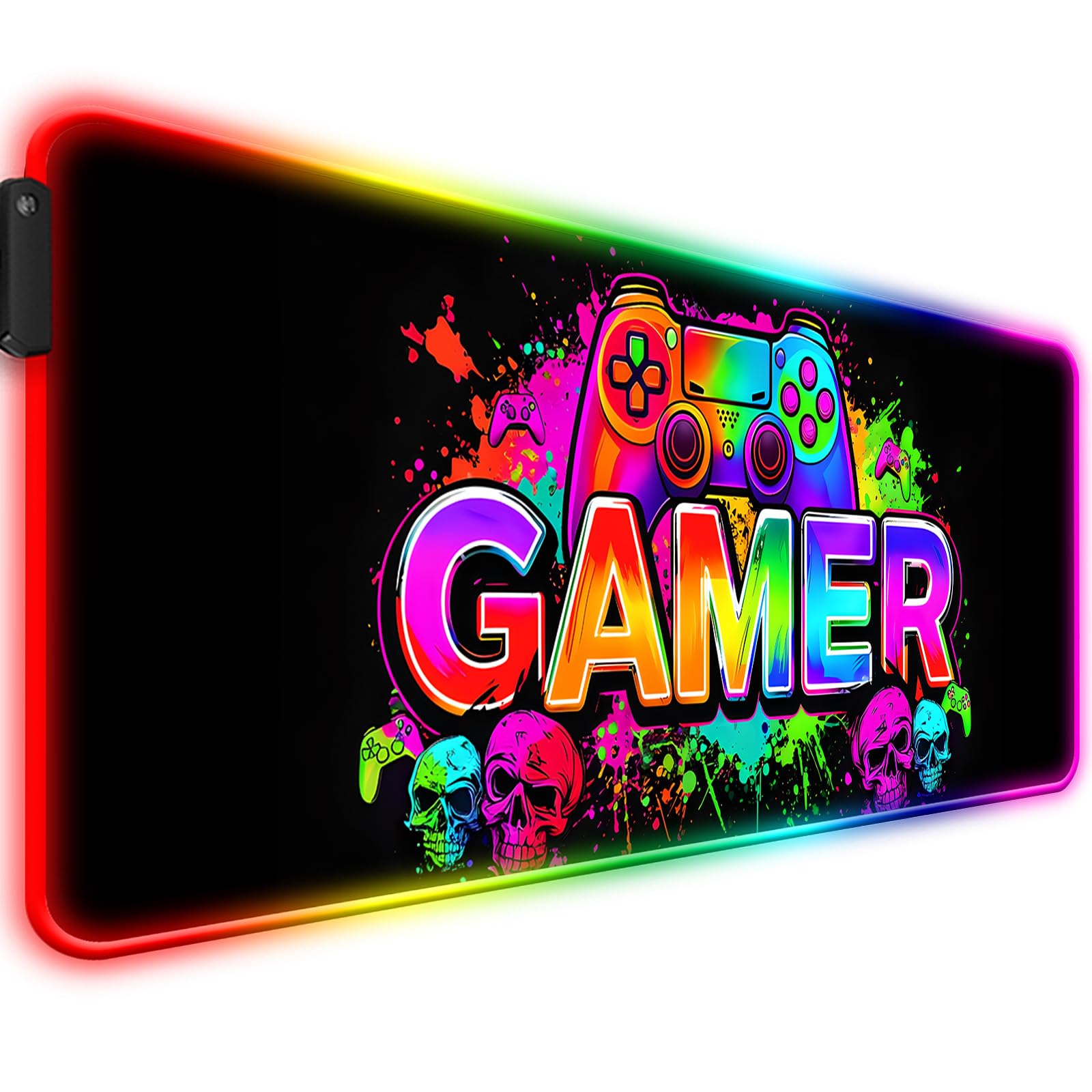 RGB Retro Black Gamer Gaming Desk Mat, Computer Keyboard Large Extended Long LED Mouse Pad for Office and Home, XL (W21)