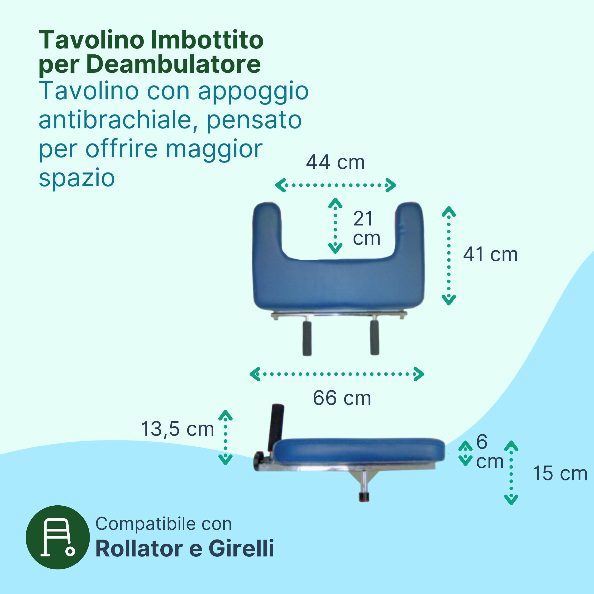 Tavolino Imbottito per Deambulatore e Rollator, 66x41 cm | Appoggio Antibrachiale Alto 10 cm, Superficie Imbottita per Appoggio a Tavolo