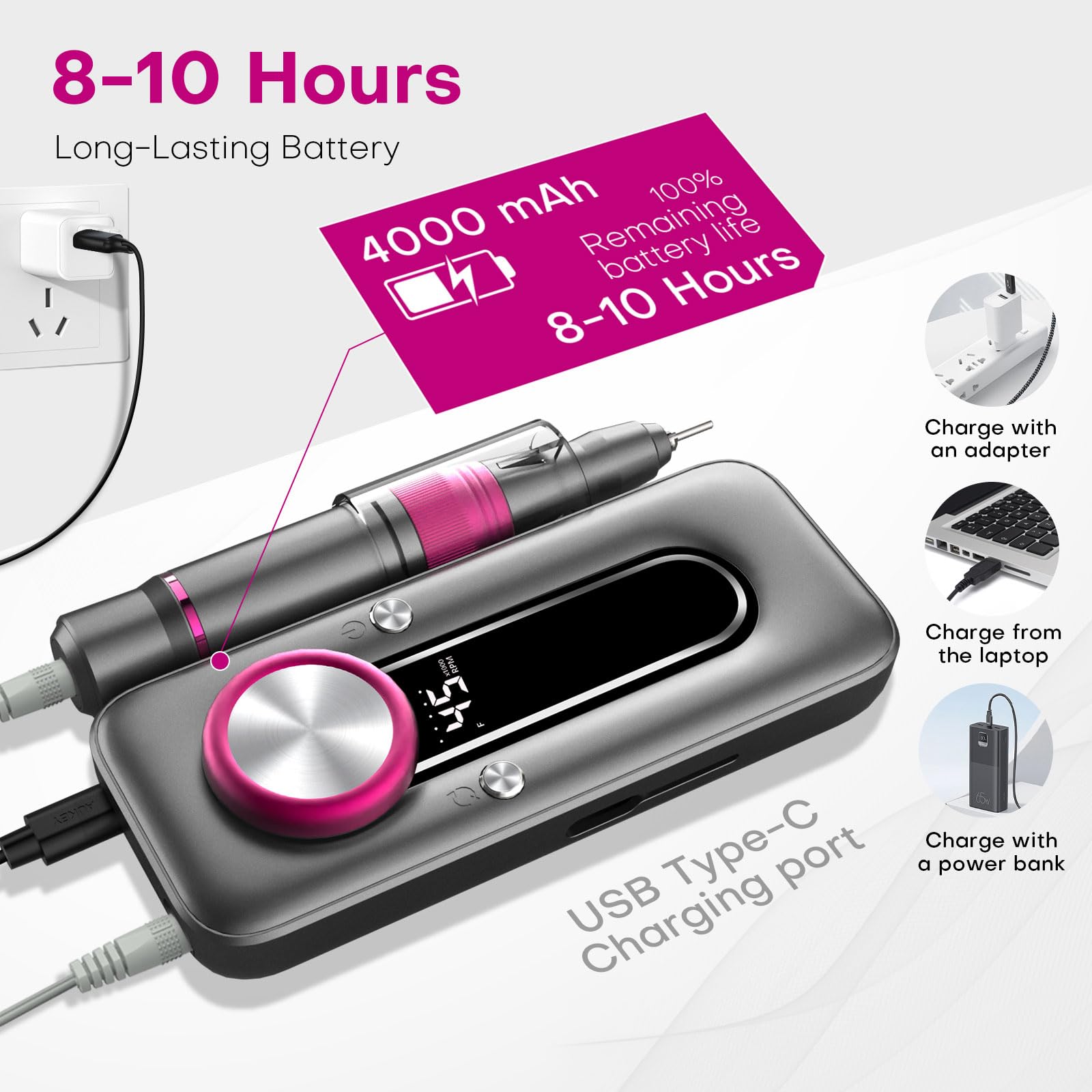 TUOBEO Kit di lime elettriche per unghie, 45000 giri/min, professionale, senza fili, portatile, ricaricabile, in gel acrilico, strumento per manicure e pedicure, per salone di bellezza e casa, grigio