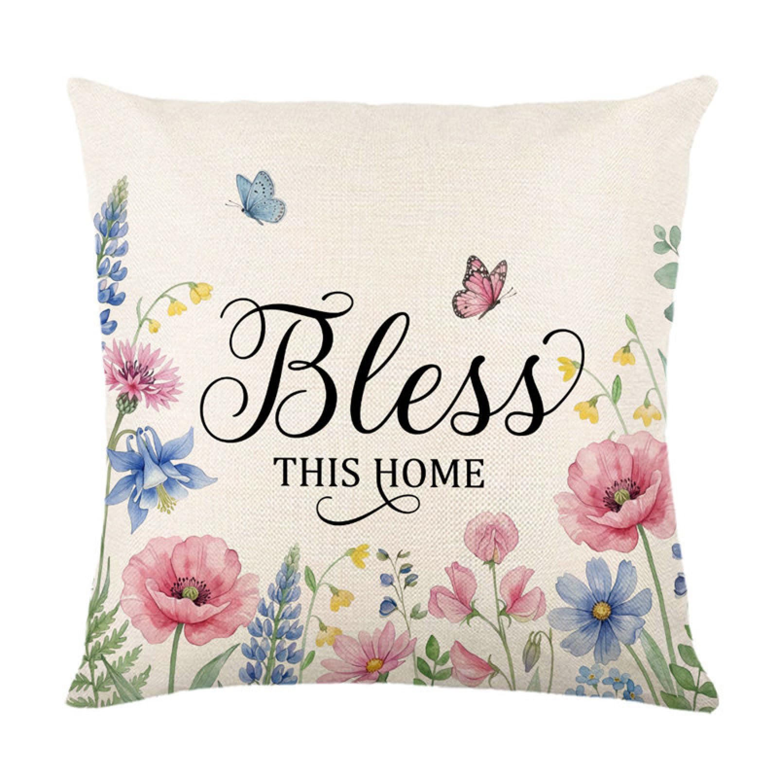 Cushion Covers 40cm x 40cm Pink Butterfly Floral Decorative Pillows Linen Square Sofa Bed Cushions with Invisible Zipper Throw Pillow for Living Room Outdoor Pillowcases
