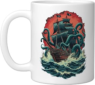Pirate Ship Kraken Ocean Battle Giant Octopus Sea Monster Ceramic Mug, White