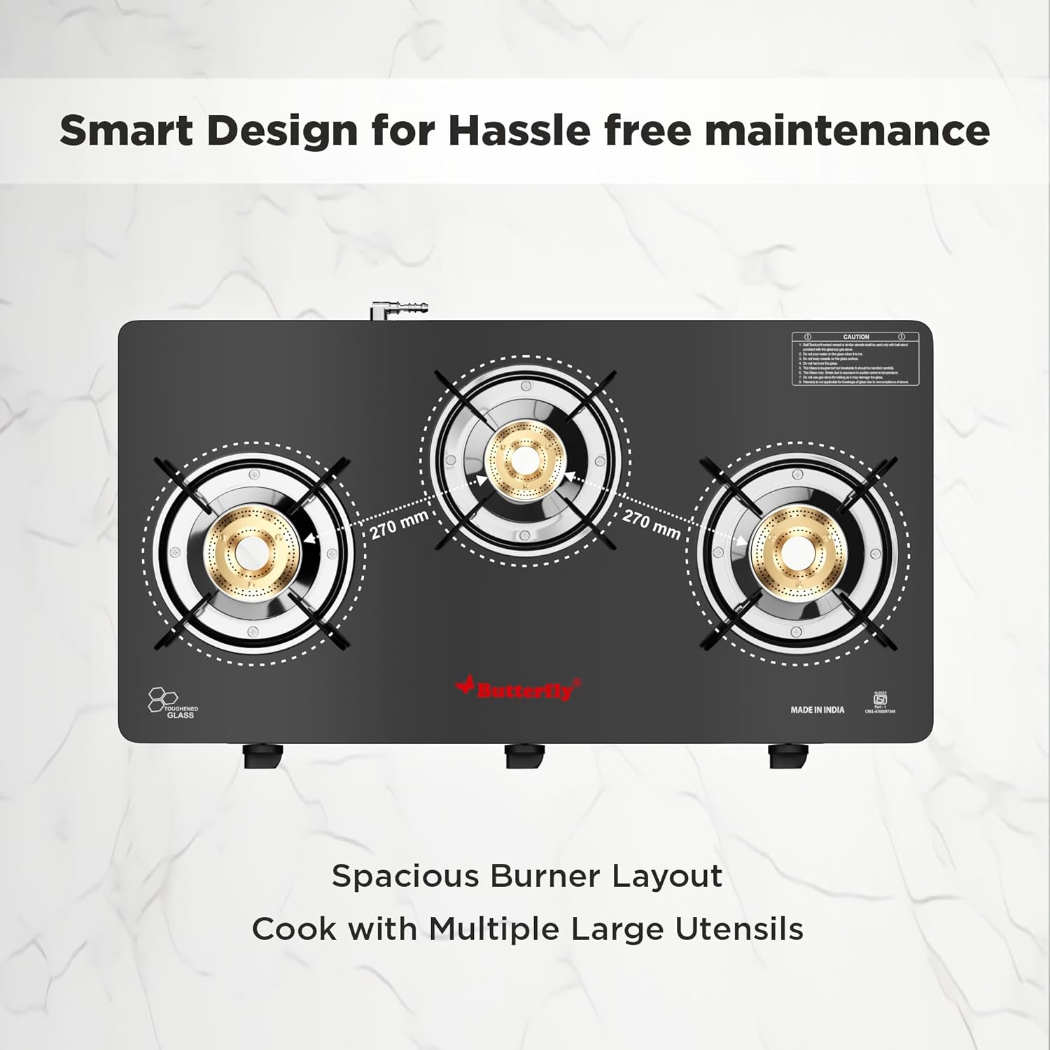 Butterfly Smart 3 Burner Glass Top Gas Stove | smart design for easy maintenance