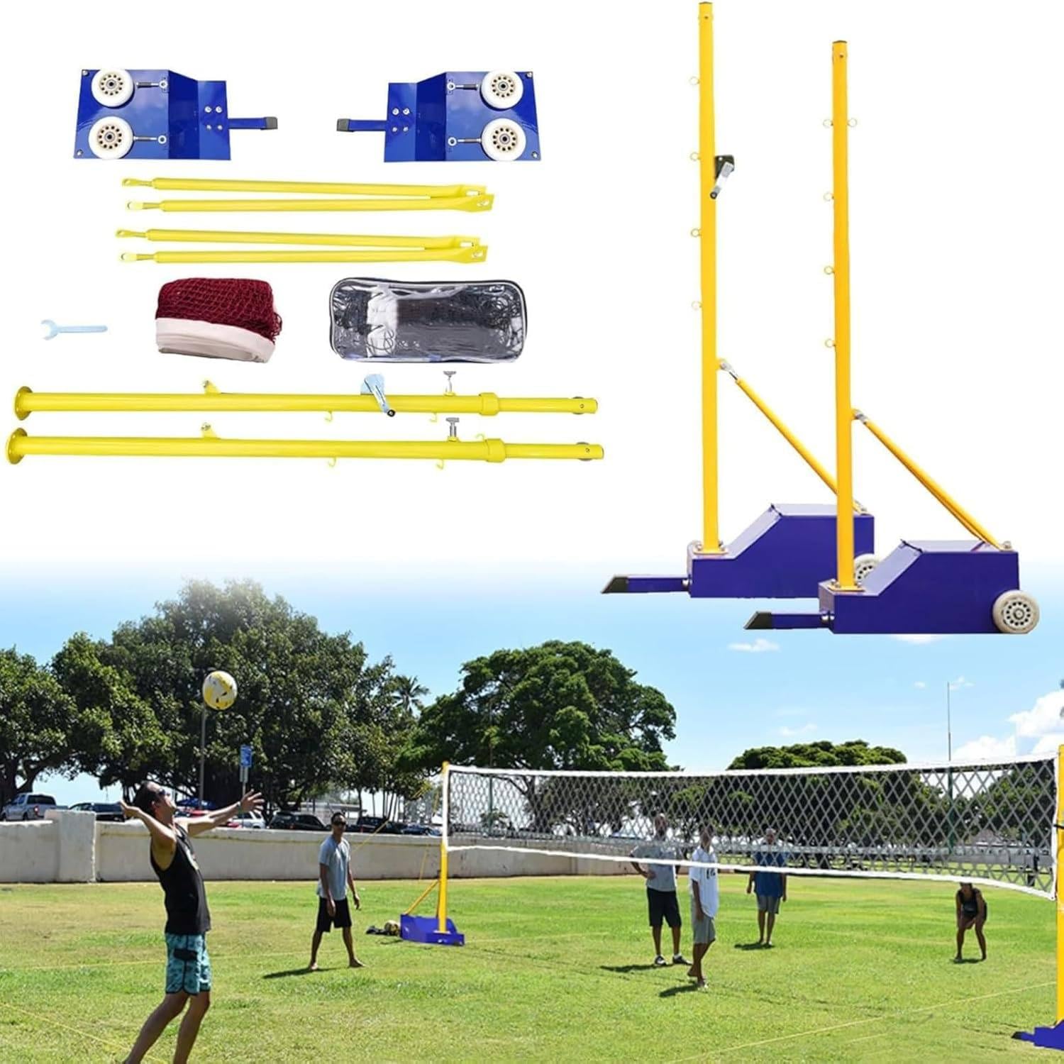 Poste de voleibol con red, portátil, resistente, para exteriores, altura ajustable de 5.5 pies a 7 pies, incluye ruedas para un fácil transporte