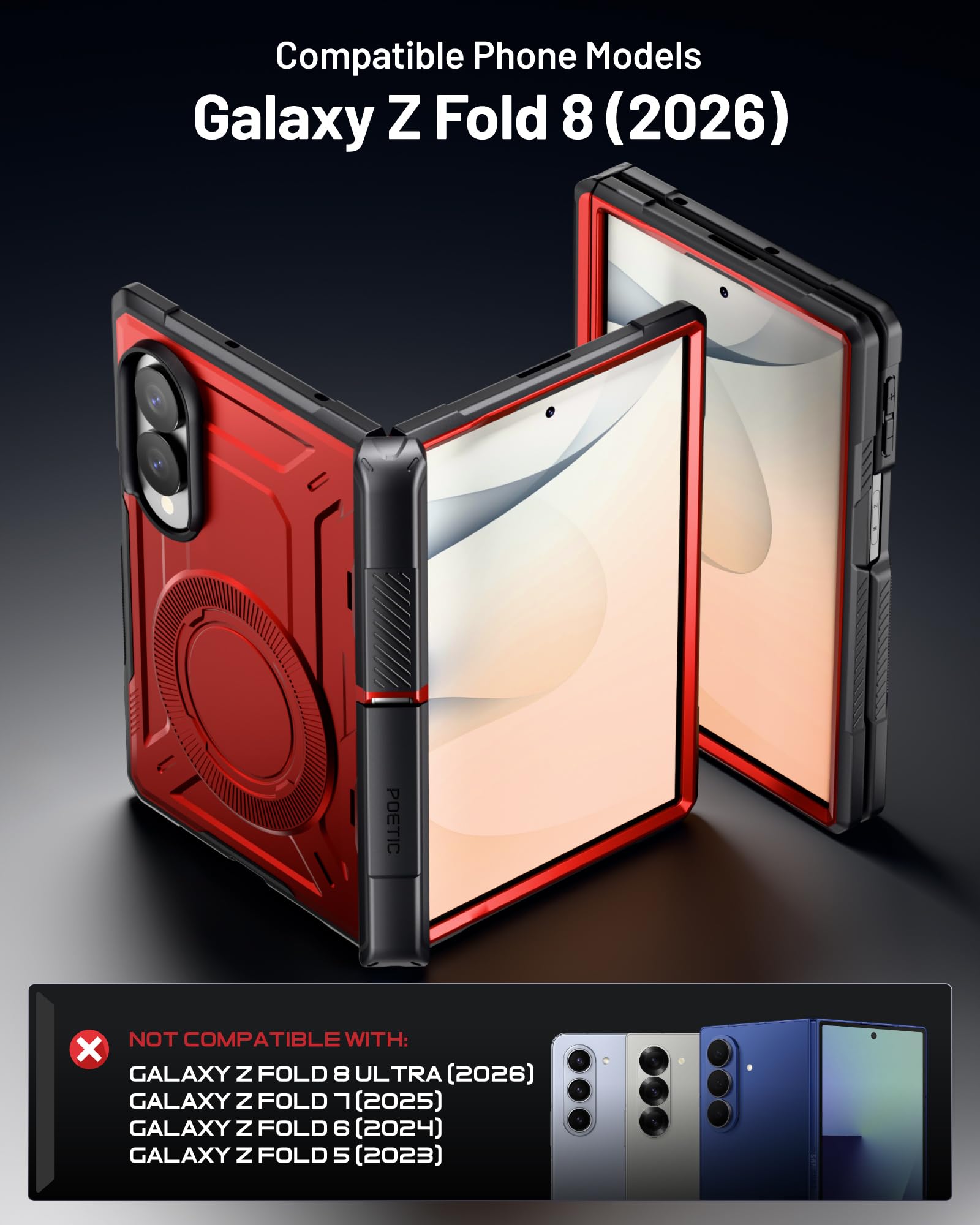 Poetic Custodia protettiva per Samsung Galaxy Z Fold 8, con cerniera, compatibile con MagSafe, pellicola protettiva in vetro temperato, robusta, antiurto, con cavalletto, colore: rosso metallizzato