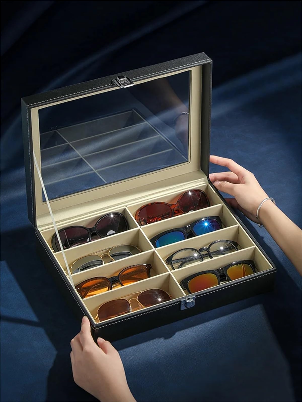 Organizador Para Gafas De Sol Estuche de gafas de cuero PU, gafas de sol de gran capacidad for hombres, gafas de sol for mujeres, estuche for gafas for miopía, caja for presentación de joyas(3 Slot Be