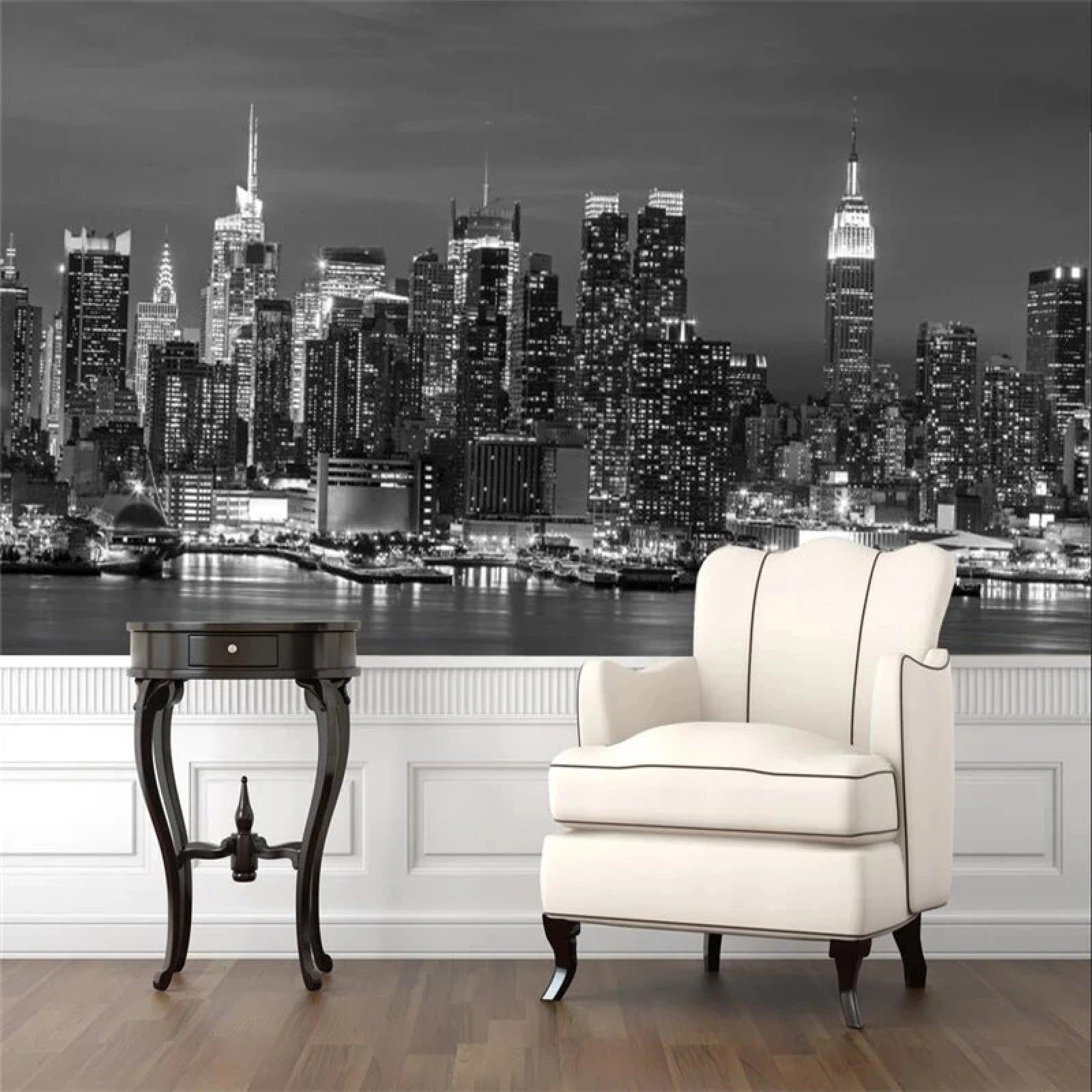 Papel pintado Paisaje de Nueva York, mural fotográfico en blanca y negro, sala de estar grande, dormitorio, papel tapiz de fondo, póster de decoración de arte de pared moderno (pelar y pegar)