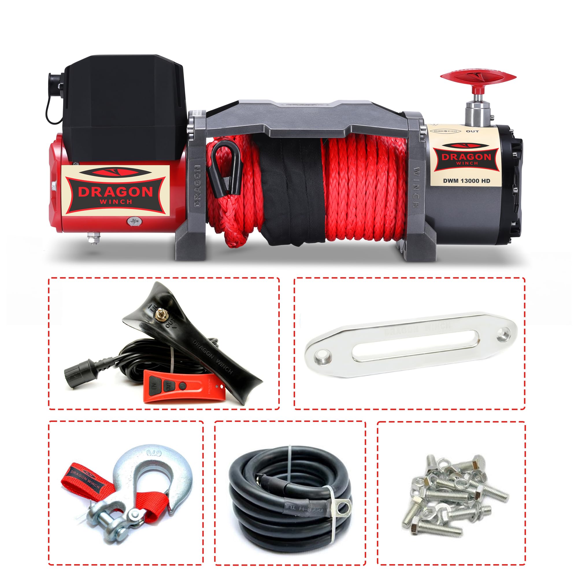 Dragon Winch Verricello Elettrico 24V Maverick 13000 lbs / 5897 kg Cavo in Sintetico 20m Verricello per Auto e Carro Attrezzi incluso telecomando senza fili + argano accessori | Impermeabile IP67