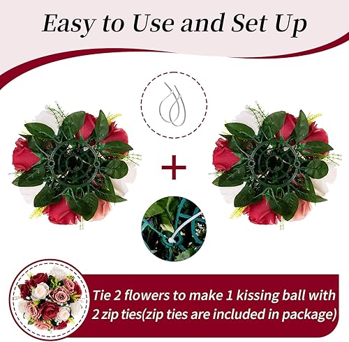 Miniatura 32 de BLOSMON Centros de mesa de flores para mesas de boda: 10 piezas de rosas artificiales rojas carmesí decoración de bolas - 9.5 pulgadas de seda falsa