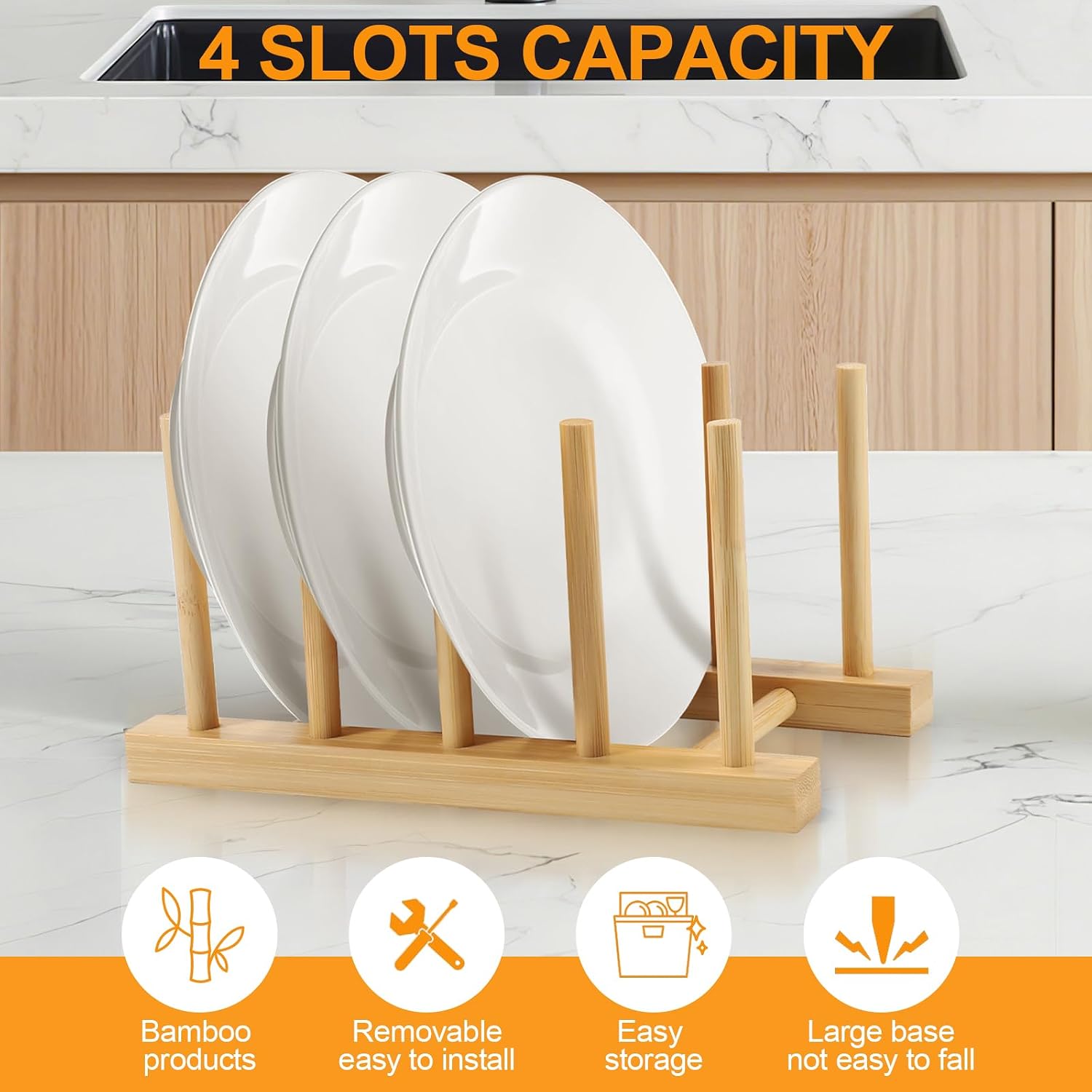SAMEBUTECO 2-Pack Bamboo Kitchen Rack with 4 Slots and 5 Connector Pegs – Vertical Organizer for Plates, Pots, Lids, Bowls & Cutting Boards – Durable Wooden Dish Holder with Spare Pegs & Gift Box thumbnail