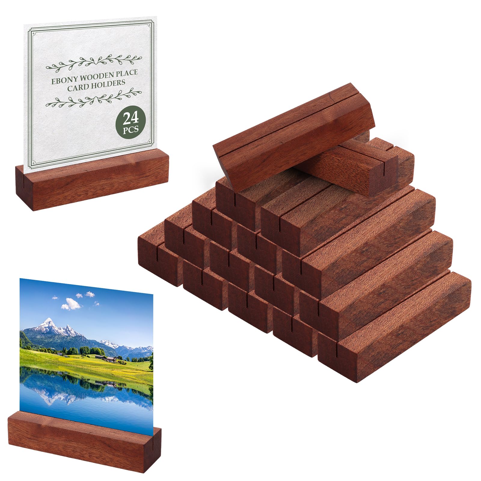 YKUKIZEE 24 PCS Ebony Wooden Place Card Holders, Wooden Table Number Holder, Wood Photo Card Holders for Wedding Event Party Tabletop Name Menu Sign Stand