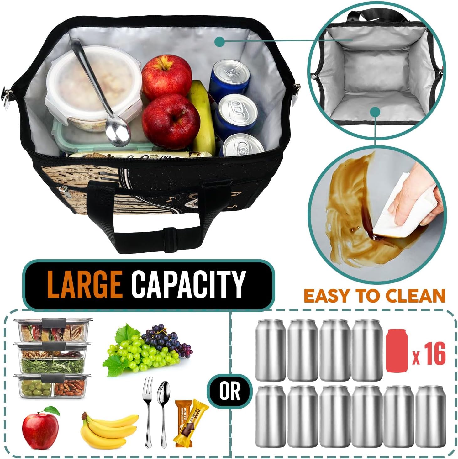 84hoods Large Lunch Box for Women. Insulated Lunch Bag for Work Office Travel Picnic with Adjustable Strap. Gift for Piano Players Lovers. Vintage Sheet Music. - Image 2