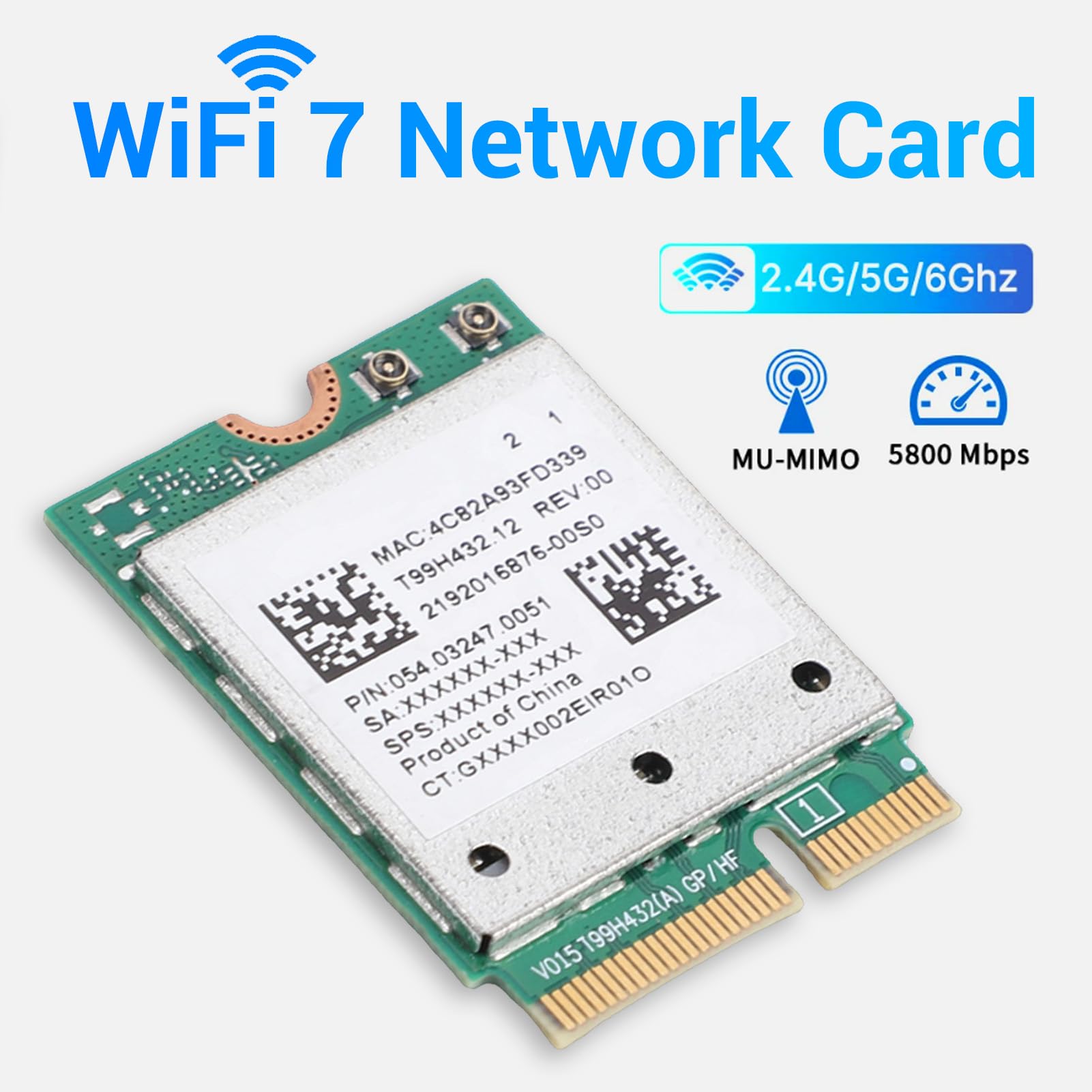 Carte Réseau WiFi 7 M.2, Module Adaptateur Réseau Fil, Carte WiFi M.2 5,8 Gbit/s 5 GHz 6 GHz Triple Bande avec Prise en Charge 4K QAM MLO Antennes pour Ordinateu