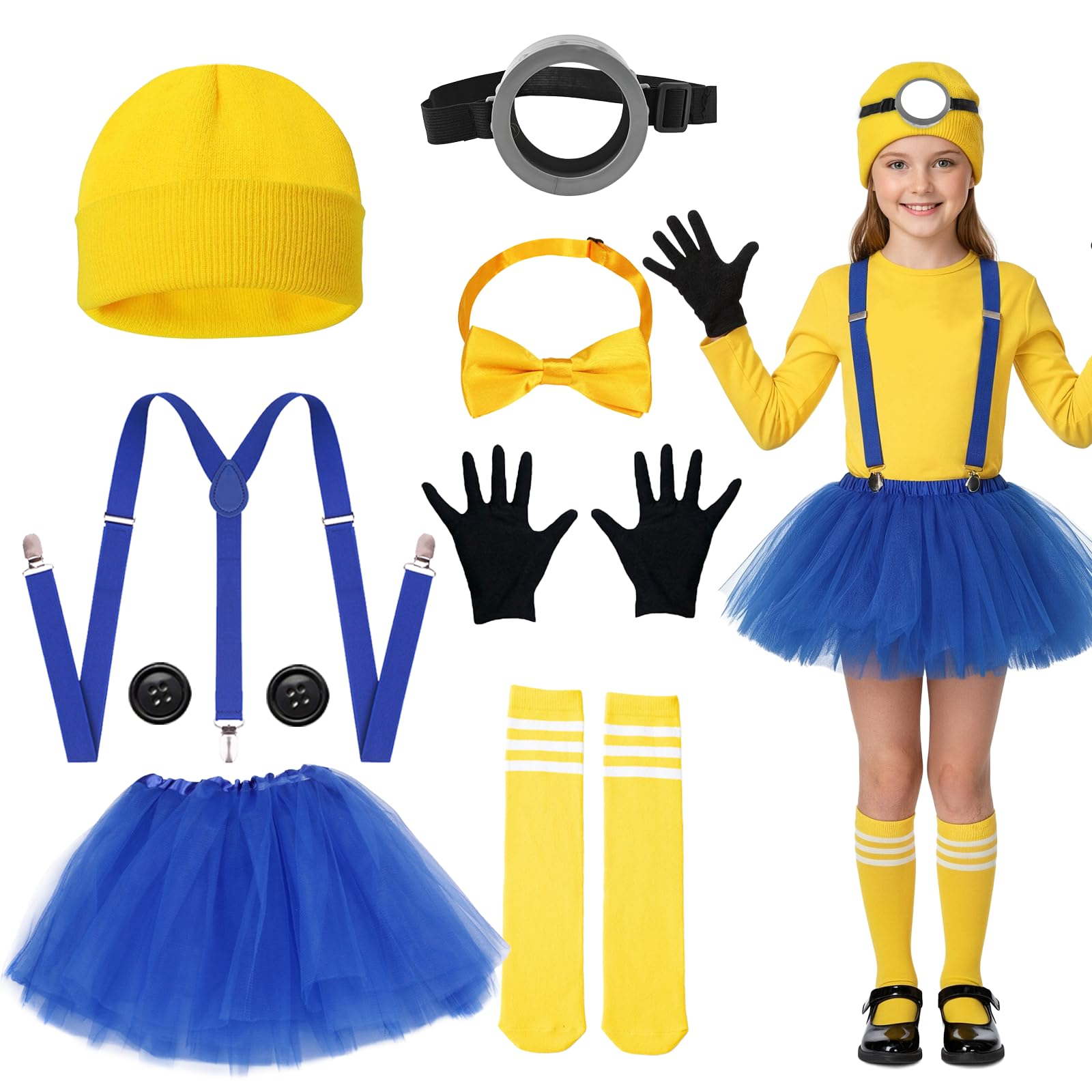 YAEGIMHT Yellow Costume Set for Children – Glasses, Gloves, Adjustable Straps, Yellow Hat, Bow Tie, Socks, Buttons – Cosplay for Halloween & World Book Day (5) — image 1