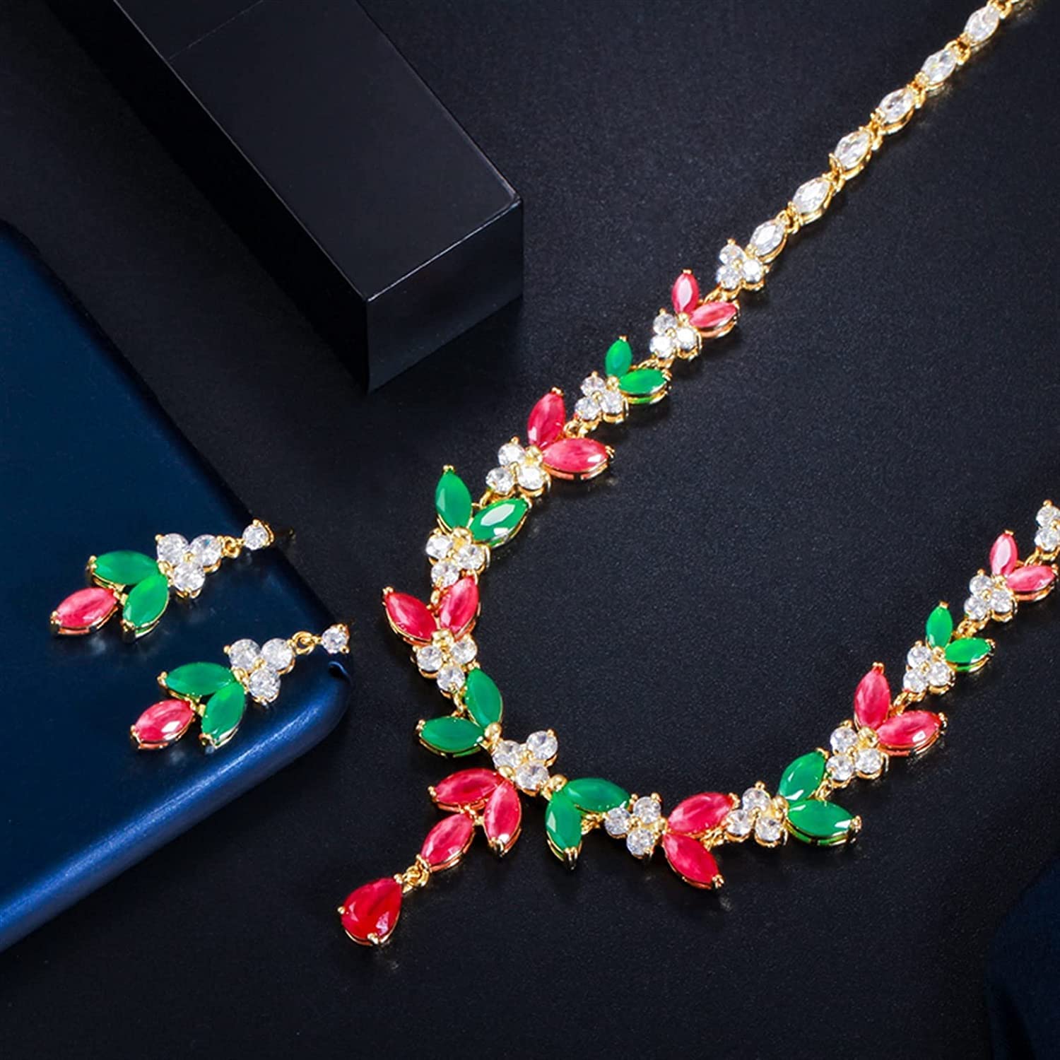 Gioielli Elegante Set di Gioielli da Sposa in Pietra con zirconi cubici Rossi Verdi Collana da Sposa e bigiotteria per Orecchini