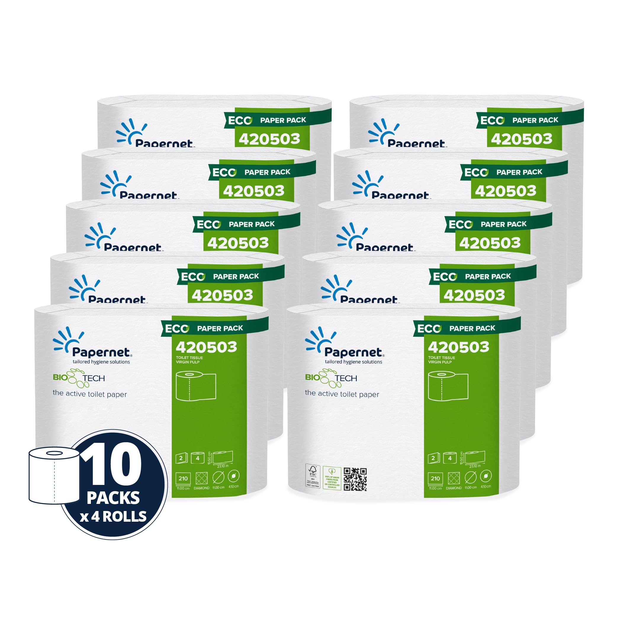 Papernet Bio Tech - Toilet Paper 420503 that Fights Bacteria and Cleans the Pipes, 10 Packs of 4 Rolls of Pure Cellulose, 2 Plies, 210 Sheets, Roll Length 23.1m Each, Paper Packaging, Made in the UK