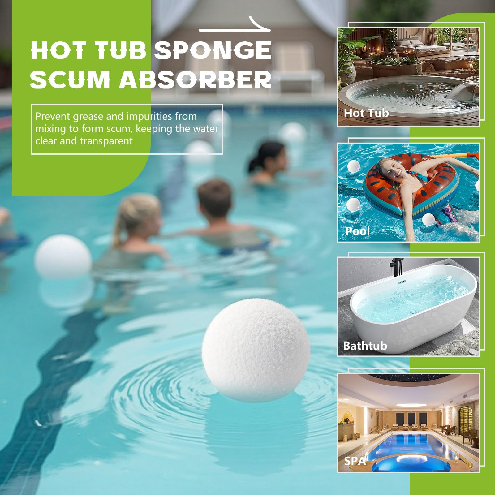 Bolas de Escoria para Spas, 7.5 cm Absorbente de Grasa Piscina, Esponja Absorbente de Aceite Reutilizables, Bolas Eliminadoras de Escoria para Piscinas, Spas, Bañera de Hidromasaje (12PCS)