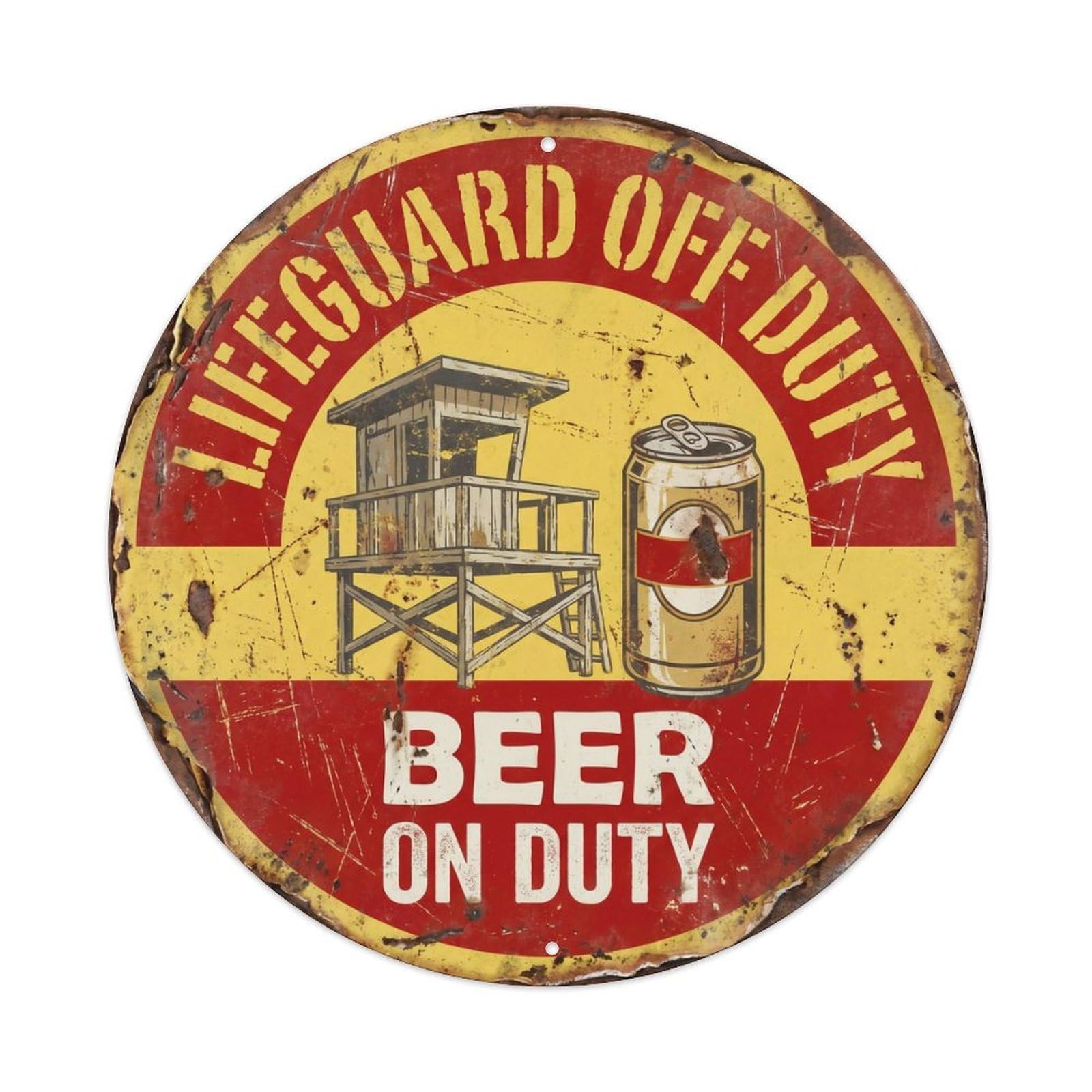 Retro Bar Lifeguard Beach Patio Beer Metal Tin Sign Plaque Wall Decor for Cafe, Club Bar, Office, Home Garden Round Metal Poster 8x8Inch