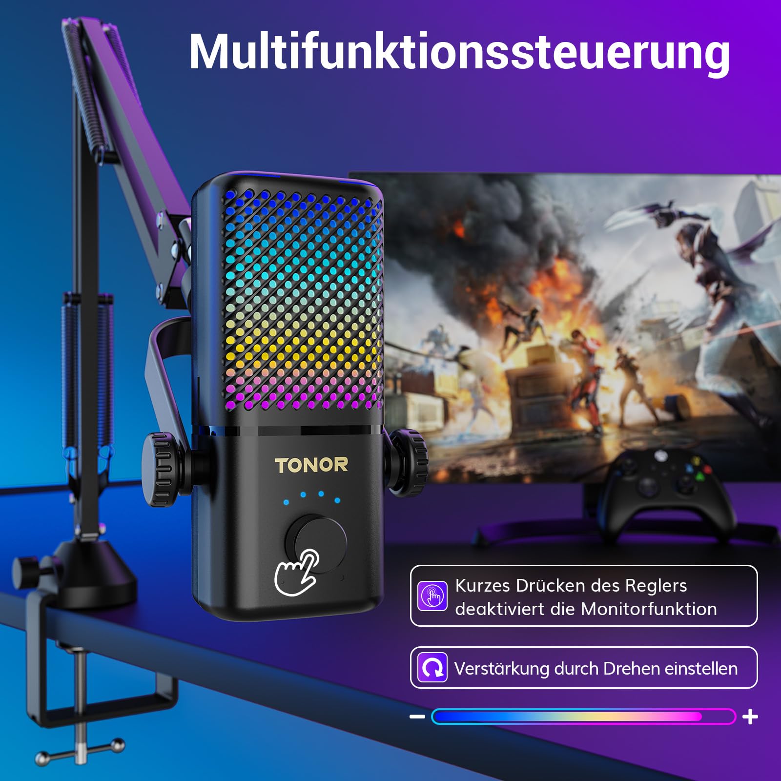 TONOR Gaming Mikrofon Kompatibel mit Xbox, Kondensator Mikrofon mit RGB, Mute/Gain Kontrolle/Überwachung, 30 Std. Akkulaufzeit Microphone für Spielkonsole, 200 cm Kabel, Mikrofonarm, Weiß, TCX3+
