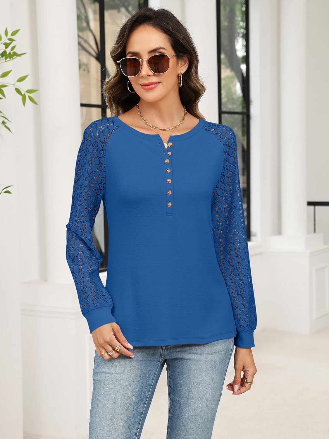 Minetom Women's Lace Long Sleeve Tops Henley Shirts Casual Blouses T Shirts Fall Clothes - Image 2