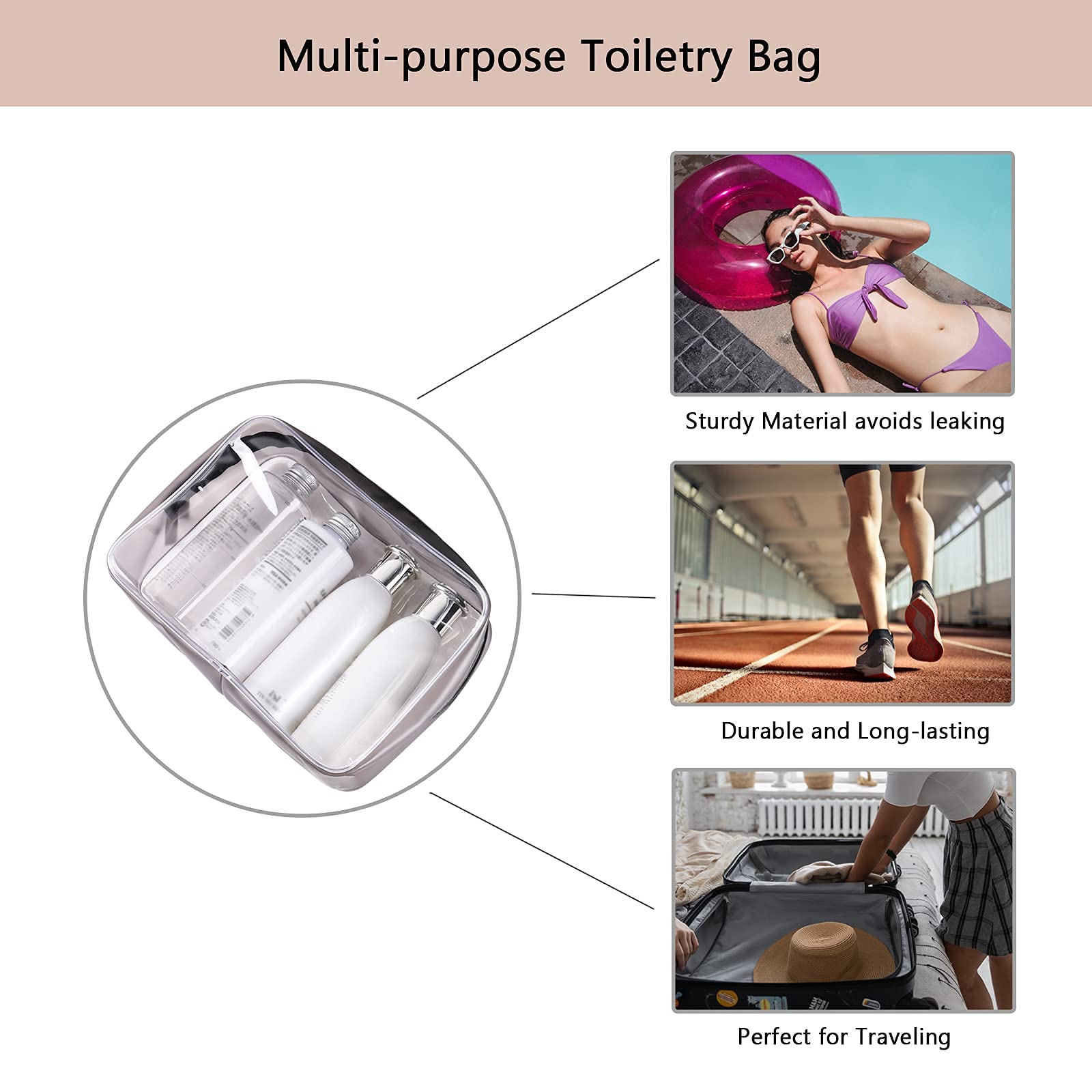 Bolsas de viaje transparentes para artículos de tocador, bolsa de aseo clara ligera, bolsa de cosméticos TSA transparente multiusos para viajar, Paquete transparente de 6
