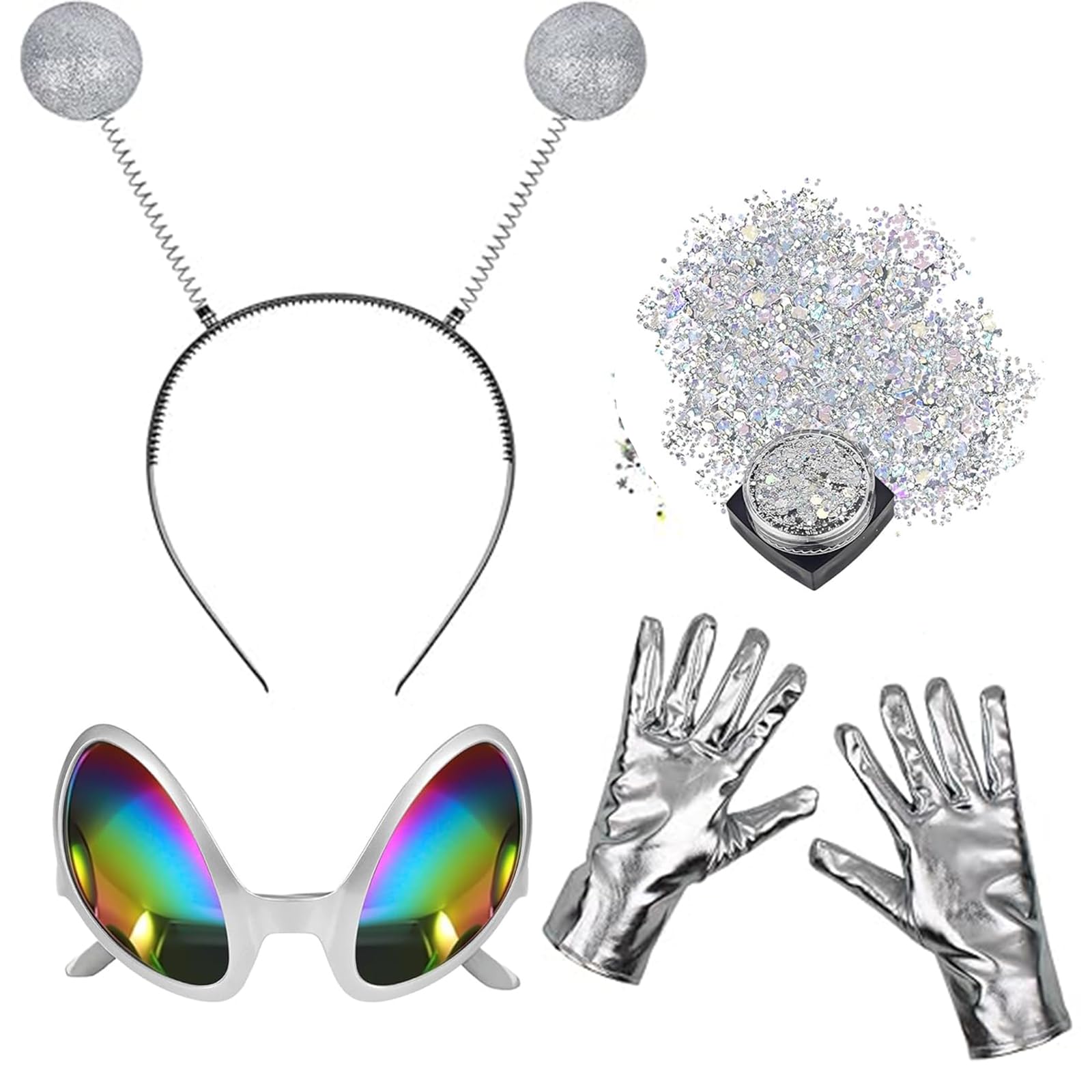 WQorphix 4Pcs Alien Costume, Alien Costume Set for Halloween Cosplay, Includes Headband, Alien Glasses, Gloves and Glitter, Perfect for Themed Parties