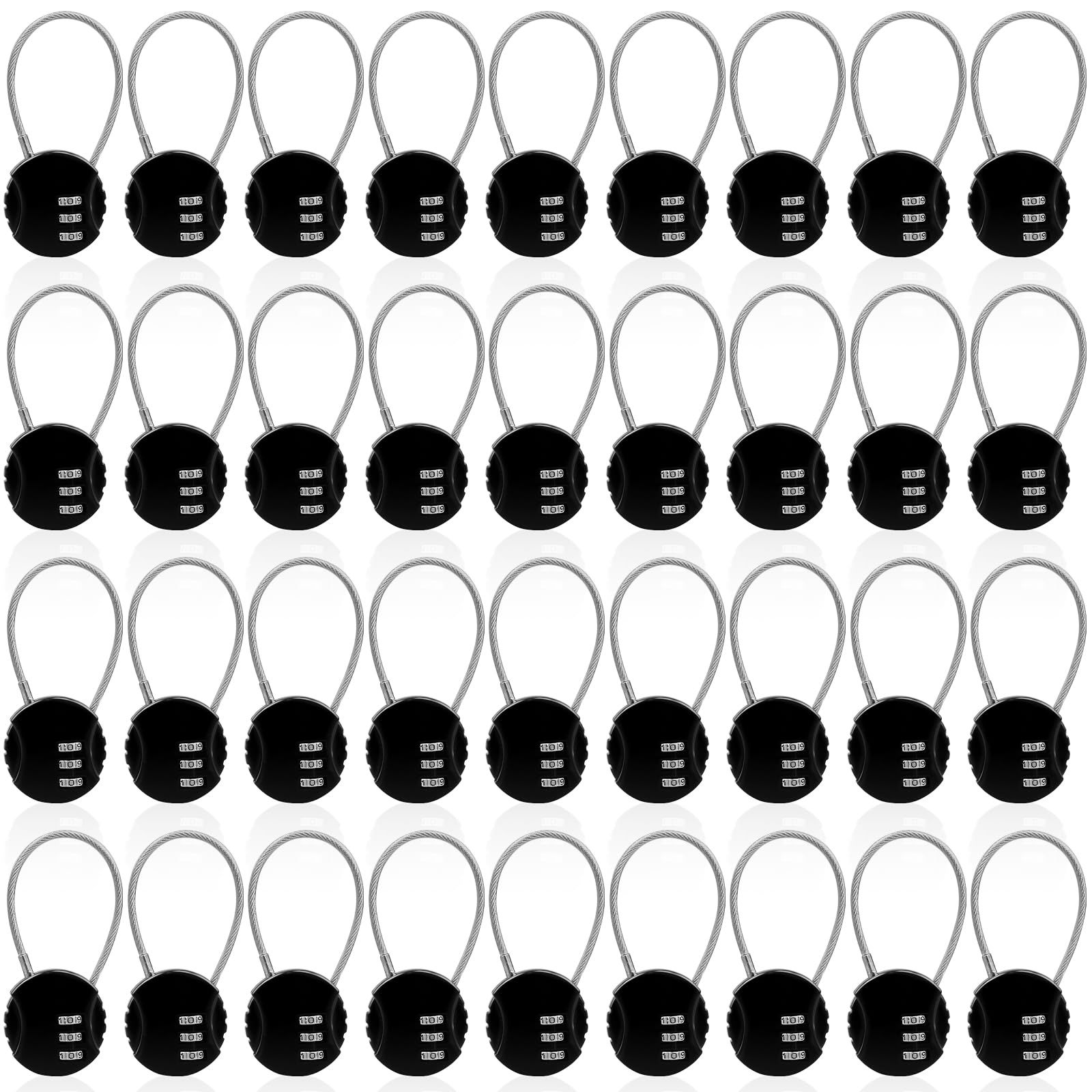 Lot de 36 Petits Cadenas à Câble, Code 3 Chiffres Réinitialisable | Cadenas Noirs en Alliage de Zinc avec Câble en Acier 13,5 cm pour Casiers, Bagages, Sacs et Voyage