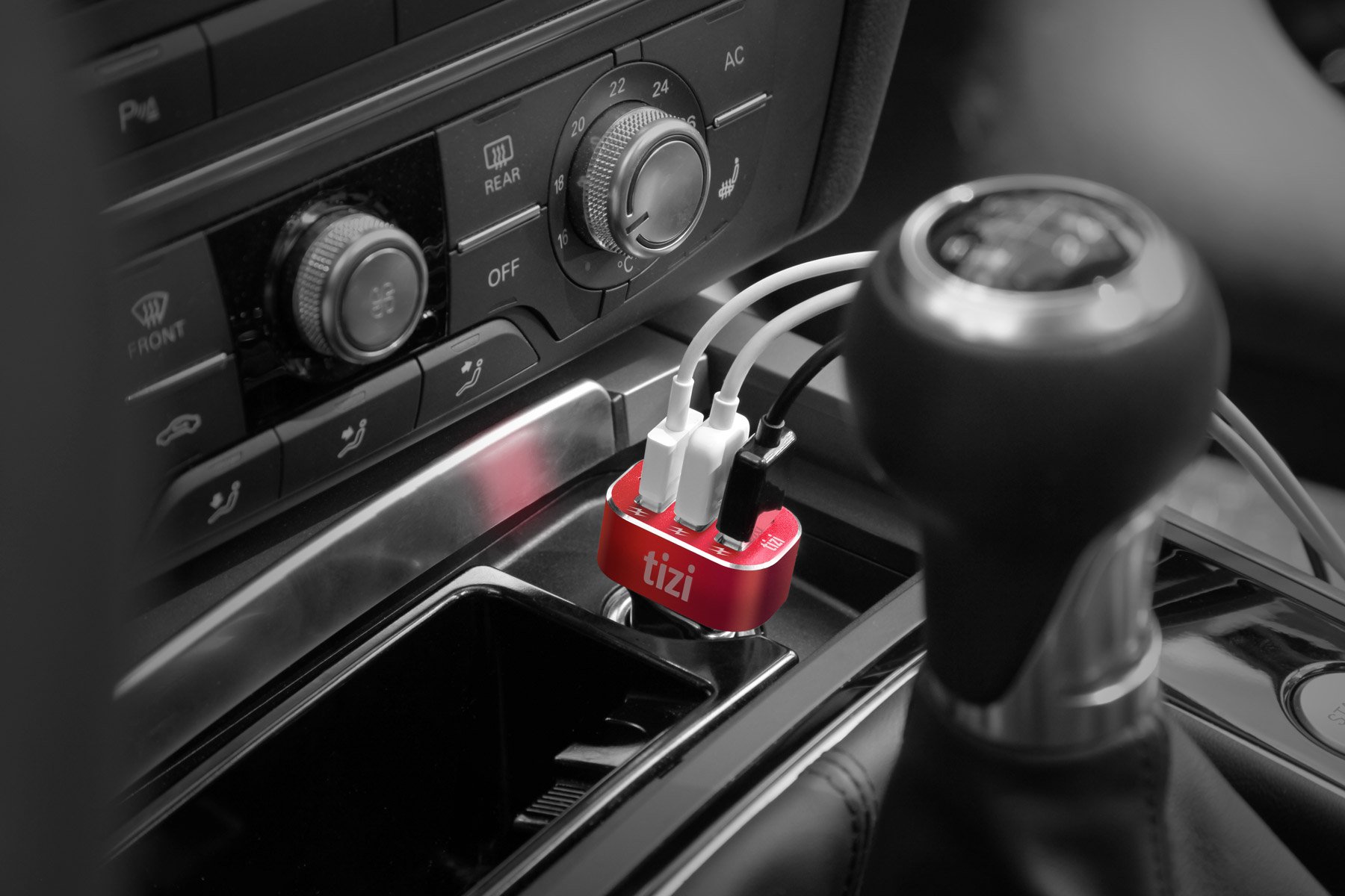 tizi Turbolader 3X Mega (7,2A, Monza Rot Edition) - Caricatore Auto USB a 3 Porte con Testa in Alluminio di Alta qualità
