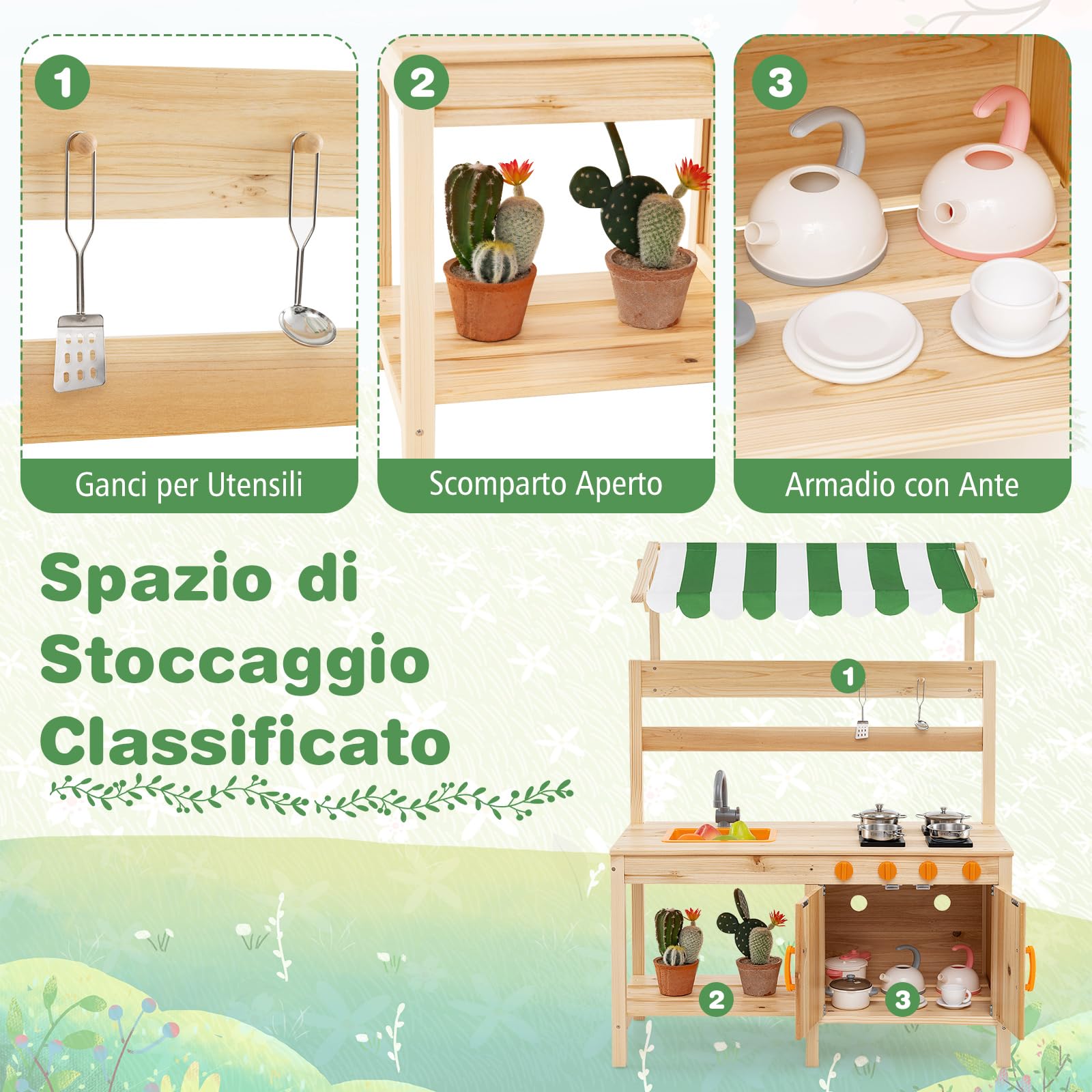 COSTWAY Cucina Giocattolo per Giardino in Legno di Abete, Cucina per Fango da Esterno con Tettoia, Fornelli, Ganci, 4 Lavagne e Lavello, Set Cucina con 5 Accessori, 88 x 39 x 117 cm