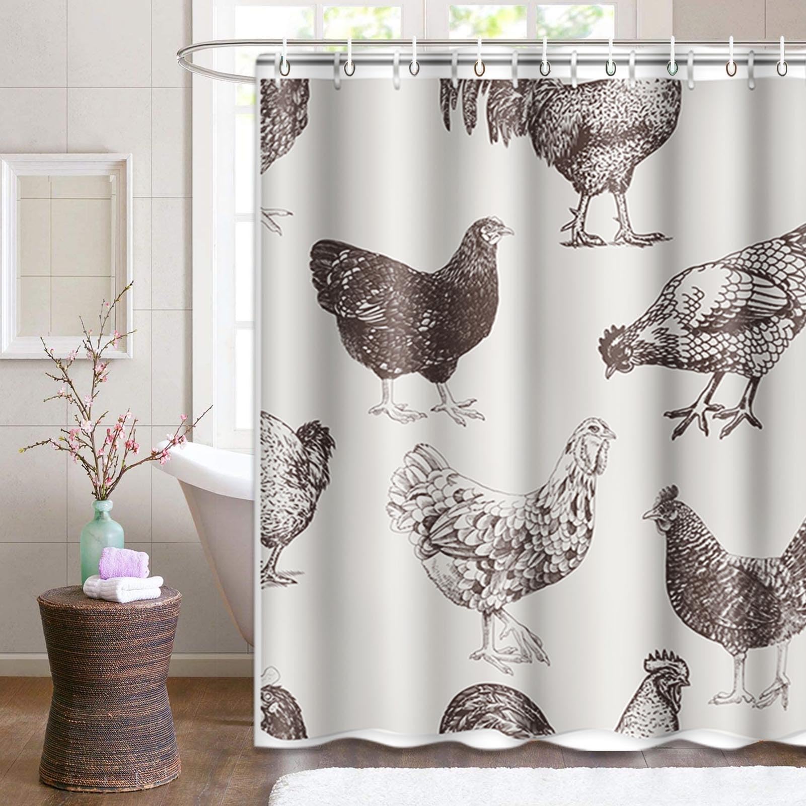 Emvency Duschvorhang Mit Huhn-Motiv – 182,9x182,9 Cm, Wasserdicht, Aus Polyester, Inkl. Haken, Witzig Fürs Badezimmer