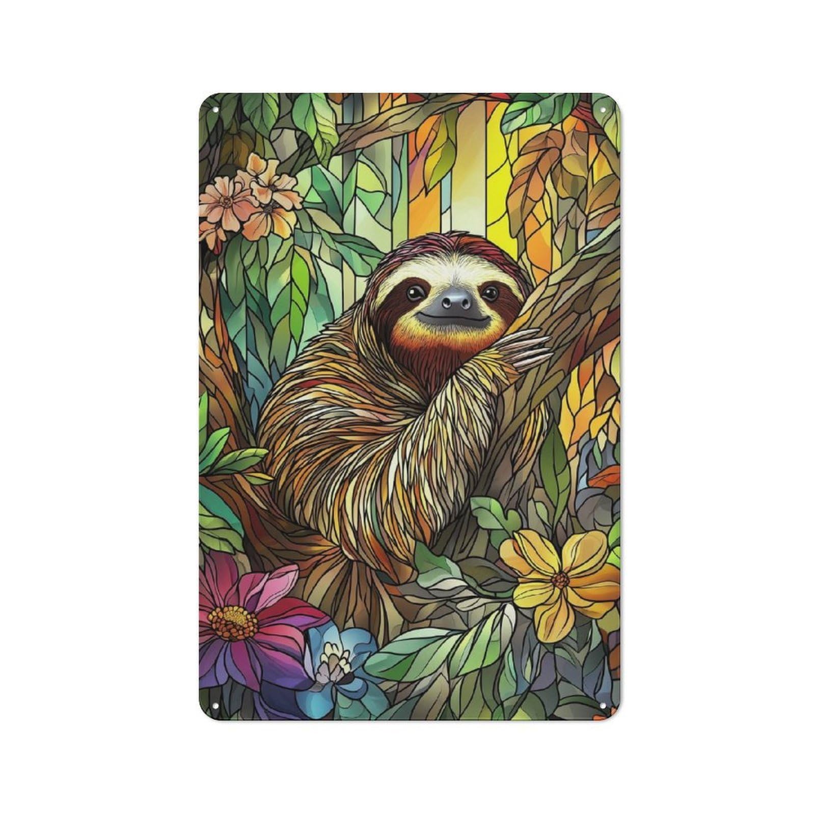 Junmoney Sloth In Jungle Stained Glass Retro Decorative Tin Plaque 30X20cm Featuring Home Wall Decor For Bedroom, Kitchen, Office Or Living Room