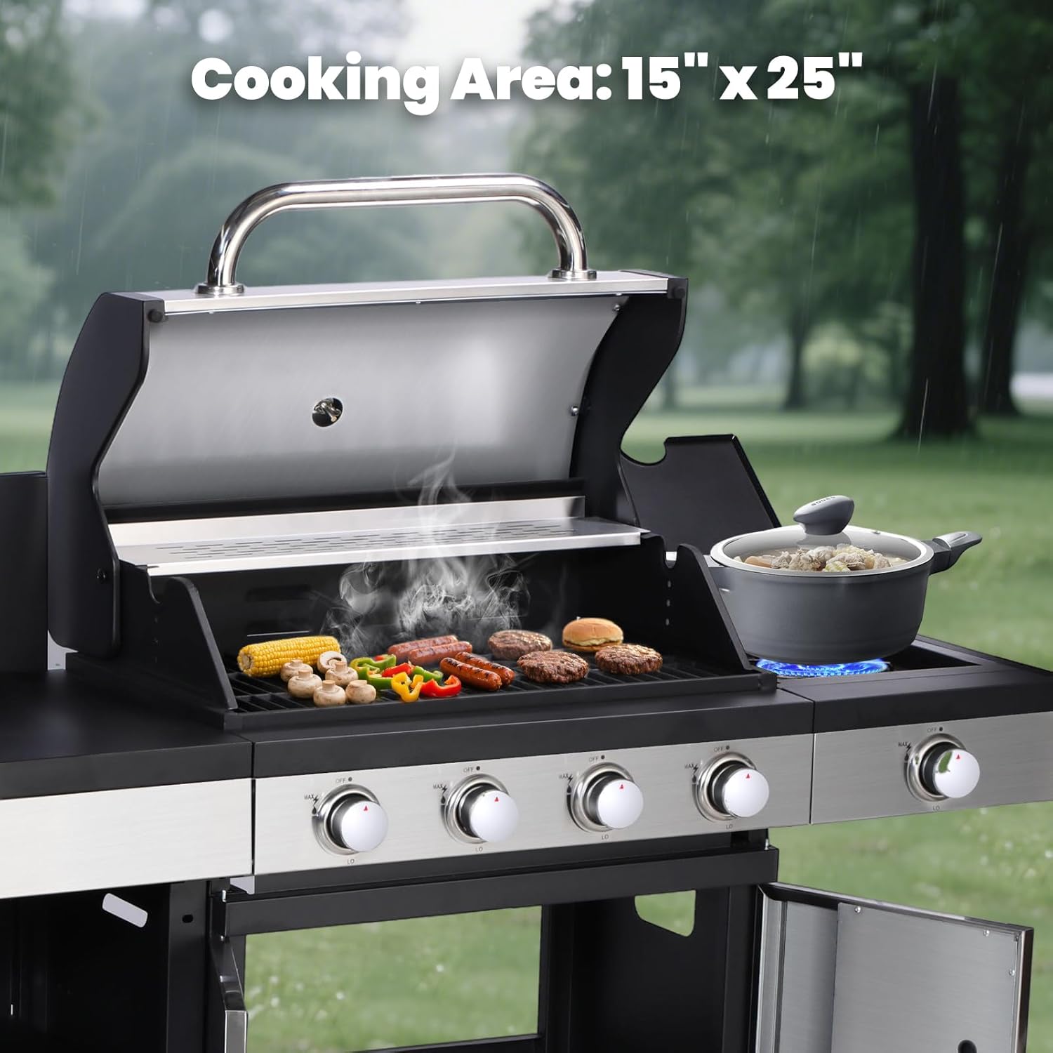 Stainless Steel 5-Burner Propane Grill with Side Burner, Sink Faucet & Porcelain-Enameled Cast Iron Grates – Perfect for Outdoor BBQ, Backyard & Patio