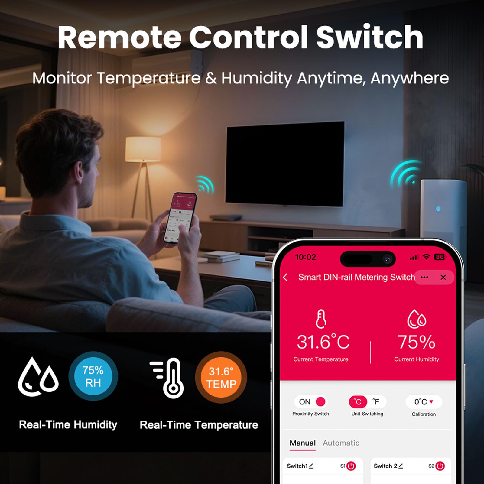 SIXRUN Regolatore di umidità della Temperatura, ABS, Interruttore di umidità della Temperatura WiFi con Doppio Schermo, Monitoraggio in Tempo Reale da -10 a 100 Gradi Fahrenheit per Allevamenti e