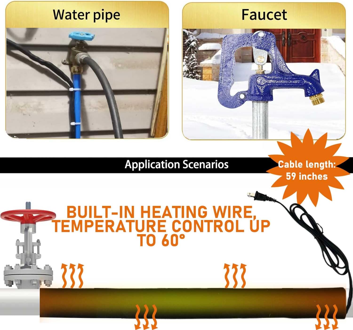 38.5" x 6" Water Pipe Heat Blanket Faucet Heating Blanket Winter Heating Tape for Metal and Plastic Pipes, 120V, Thermostat Max Temp 140˚F, OD Max: 1-1/4" (2)