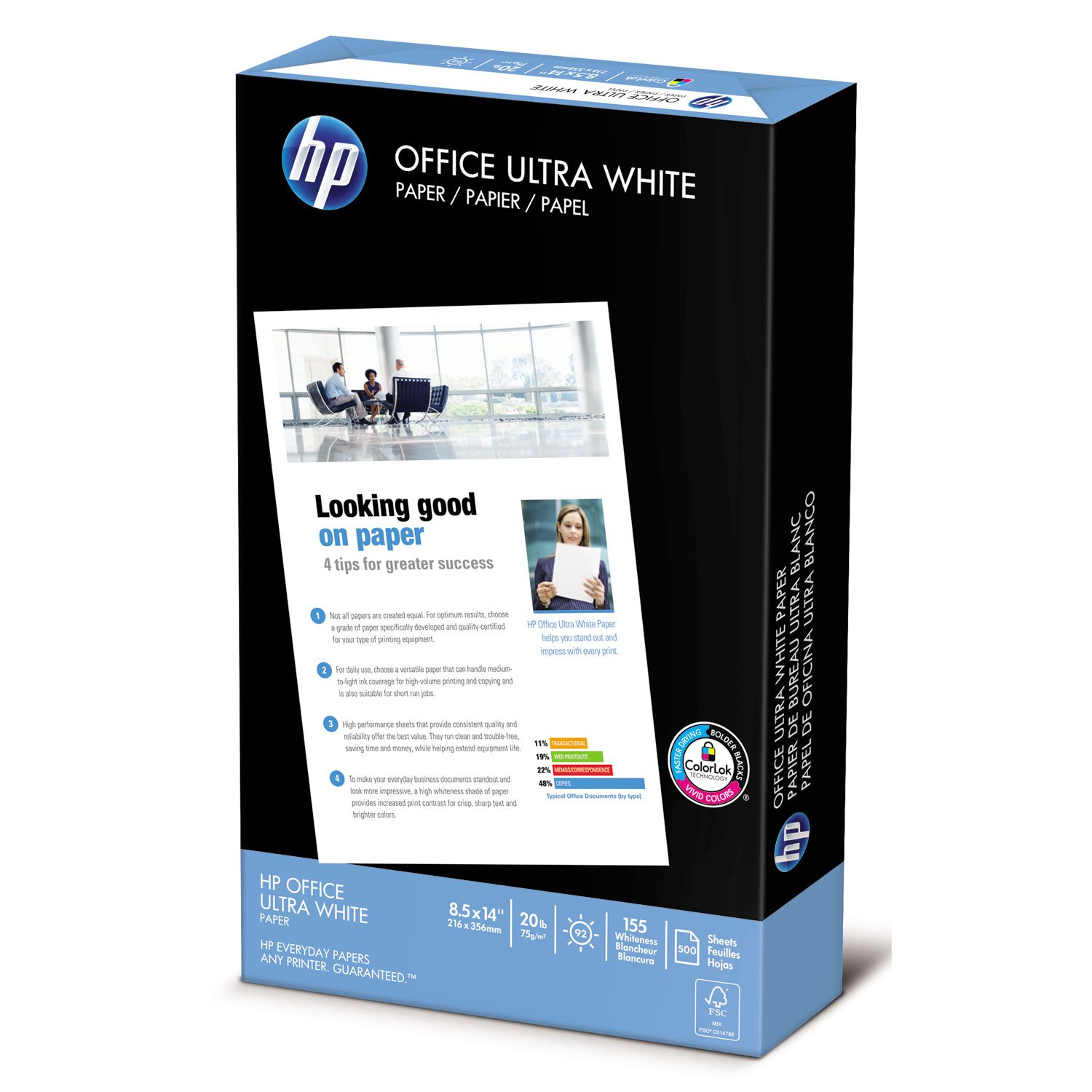 HP 001422 Office Ultra-White Paper, 92 Bright, 20lb, 8-1/2 x 14, 500/Ream