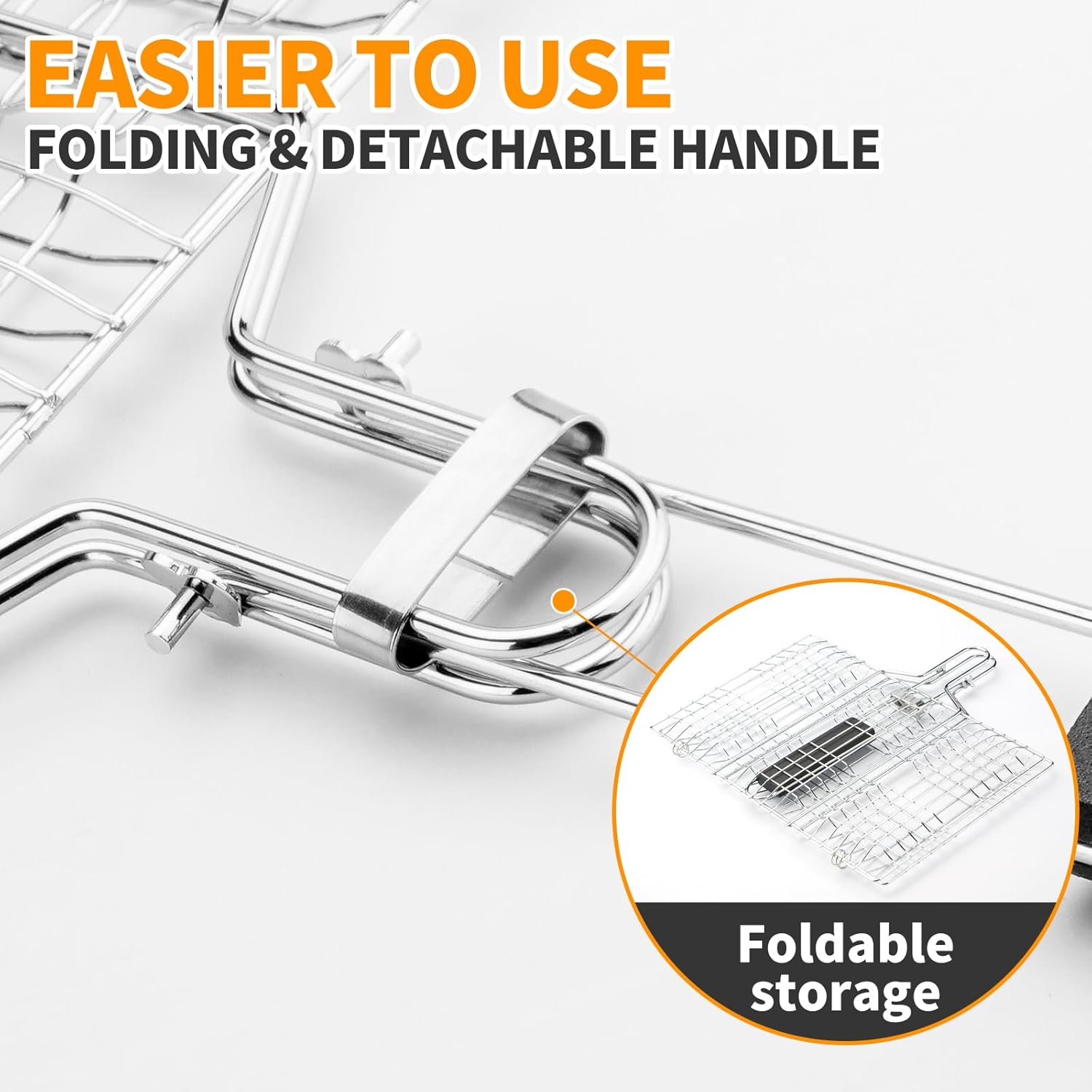 Fish & Vegetable Grill Basket,Portable Stainless Steel BBQ Grill Basket,Folding Outdoor Camping BBQ Rack for Fish, Shrimp, Vegetables, Barbeque Griller Cooking Accessories (Silver)