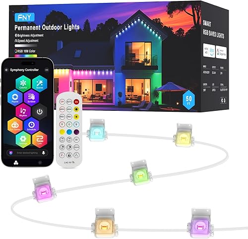 FNY Luces permanentes para exteriores de 50 pies Smart RGB con 30 LED, IP67 impermeable para decoración al aire libre, aplicacióncontrol remoto,