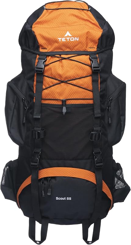 Mochila Teton Scout de 55 L con marco interno para senderismo, camping, mochilero, viajes, funda para lluvia incluida, color naranja quemado