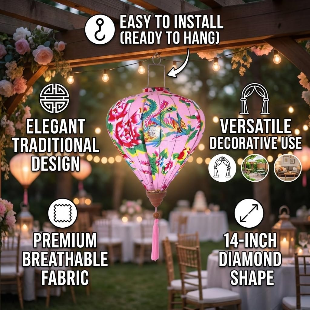 14'' Chinese Style Cloth Lantern Diamond Shape Hanging Lantern, Pink Floral Fabric Lampshade for Home Garden Party Wedding Decor, Lightweight Decorative Light Shade with Traditiona