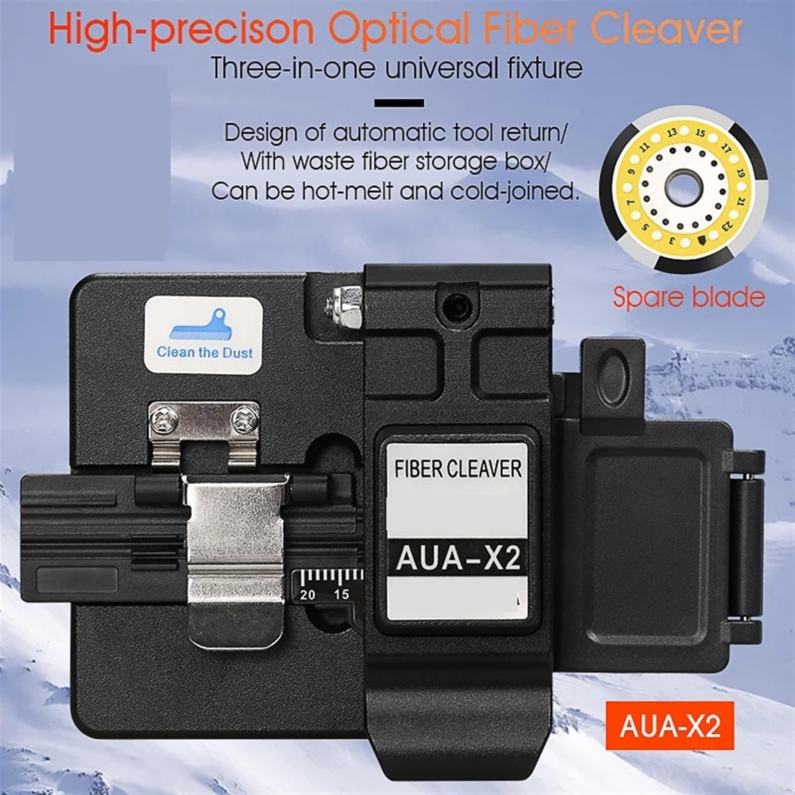 Cuchilla de fibra, Cortadora de fibra alta precisión AUA-X2 con caja desechos, herramientas corte cable termofusible for conexión en frío óptica FTTH(X2(Black) and Blade)