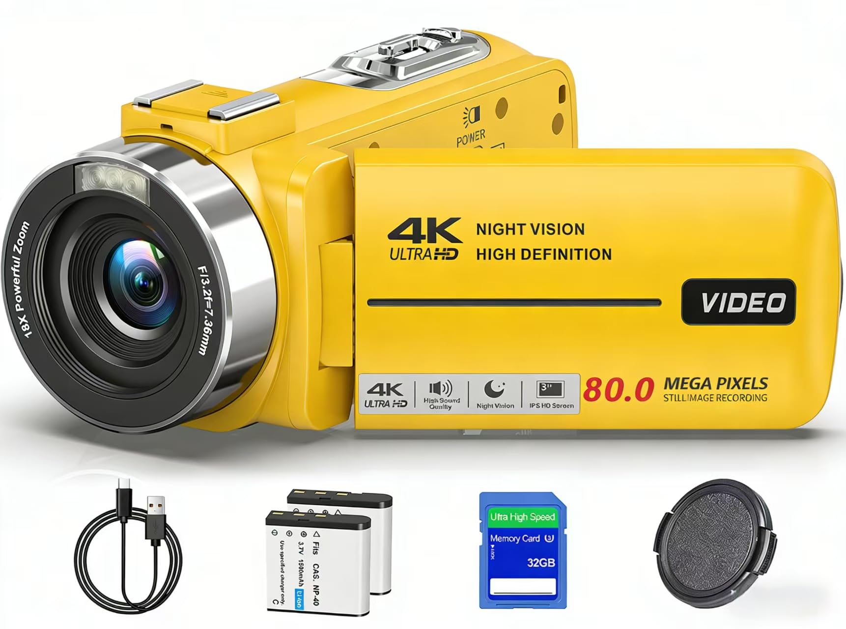 Camcorder Video Camera 4K 80MP Ultra HD Vlogging Camera for YouTube 18X Digital Zoom Recorder IR Night Version 3.0" IPS HD Screen With Handheld Stabilizer, Microphone, Remote Control and 32GB SD Card