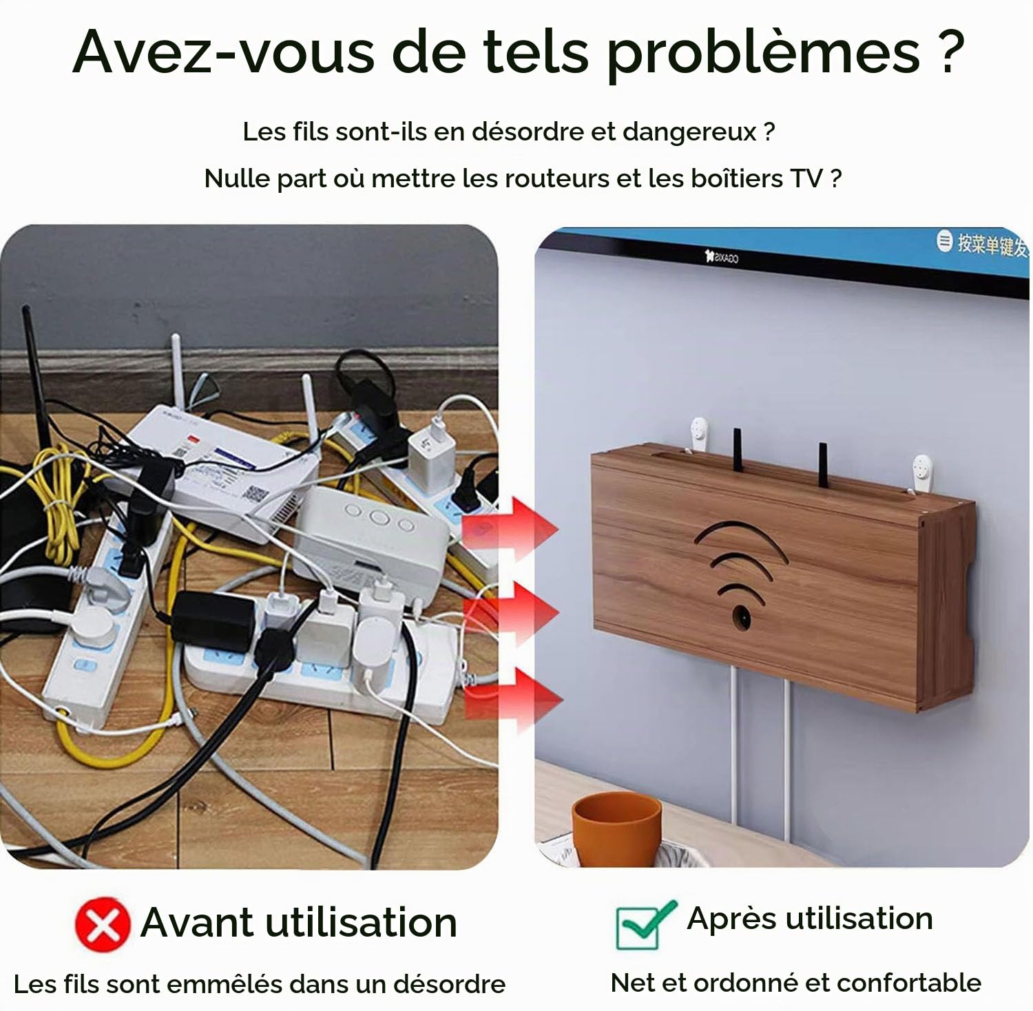Cache Box WiFi, Boite Rangement Routeur WiFi Cache par Faitement Le Boitier TV et Módem-Router, Bois Massif Box, Cable Management L'etagère (Brown)