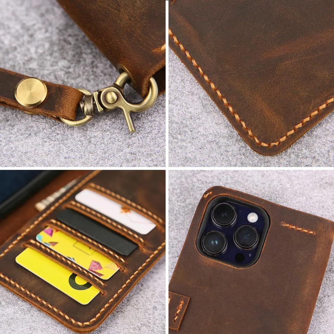 Personalized leather Wristlet wallet case for iPhone 17/16/15/14 Pro Max/distressed leather wallet cover Compatible with iPhone 17/16/15/14 Plus IP05MW-B