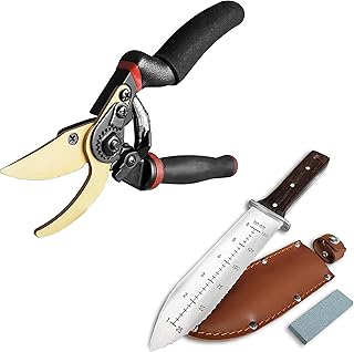 gonicc 8.5" Professional Rotating Bypass Titanium Coated Pruning Shears(GPPS-1014) and Hori Hori Garden Knife with Leather Sheath,with Heavy Duty SK5 Blade. Soft Cushion Grip Handle for Everyone.